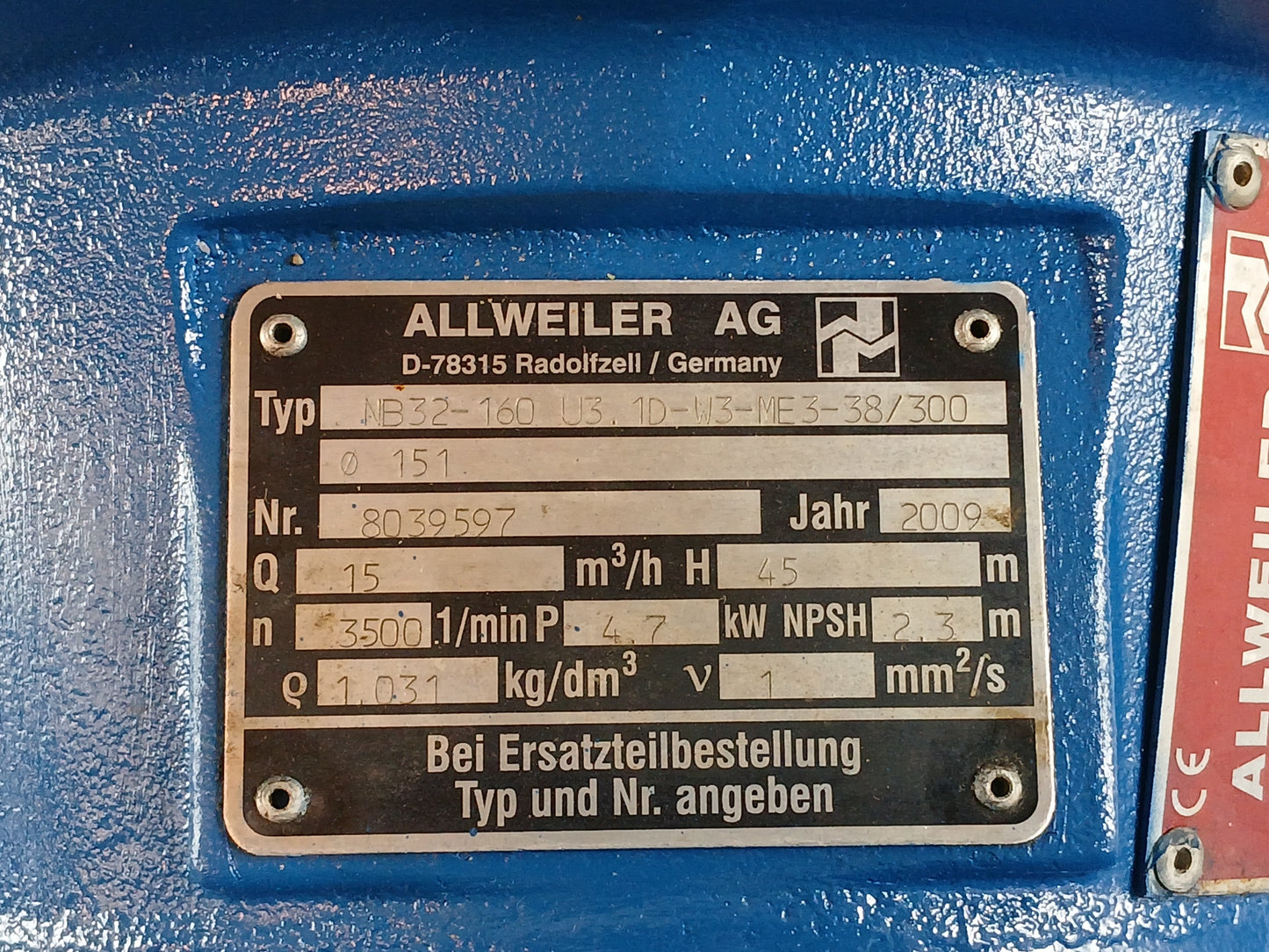 ALLWIELER NB32-160 U3.1D-W3-ME3-38/300 Ø 151 CENTRIFUGAL MONOBLOCK PUMP 3500 RPM