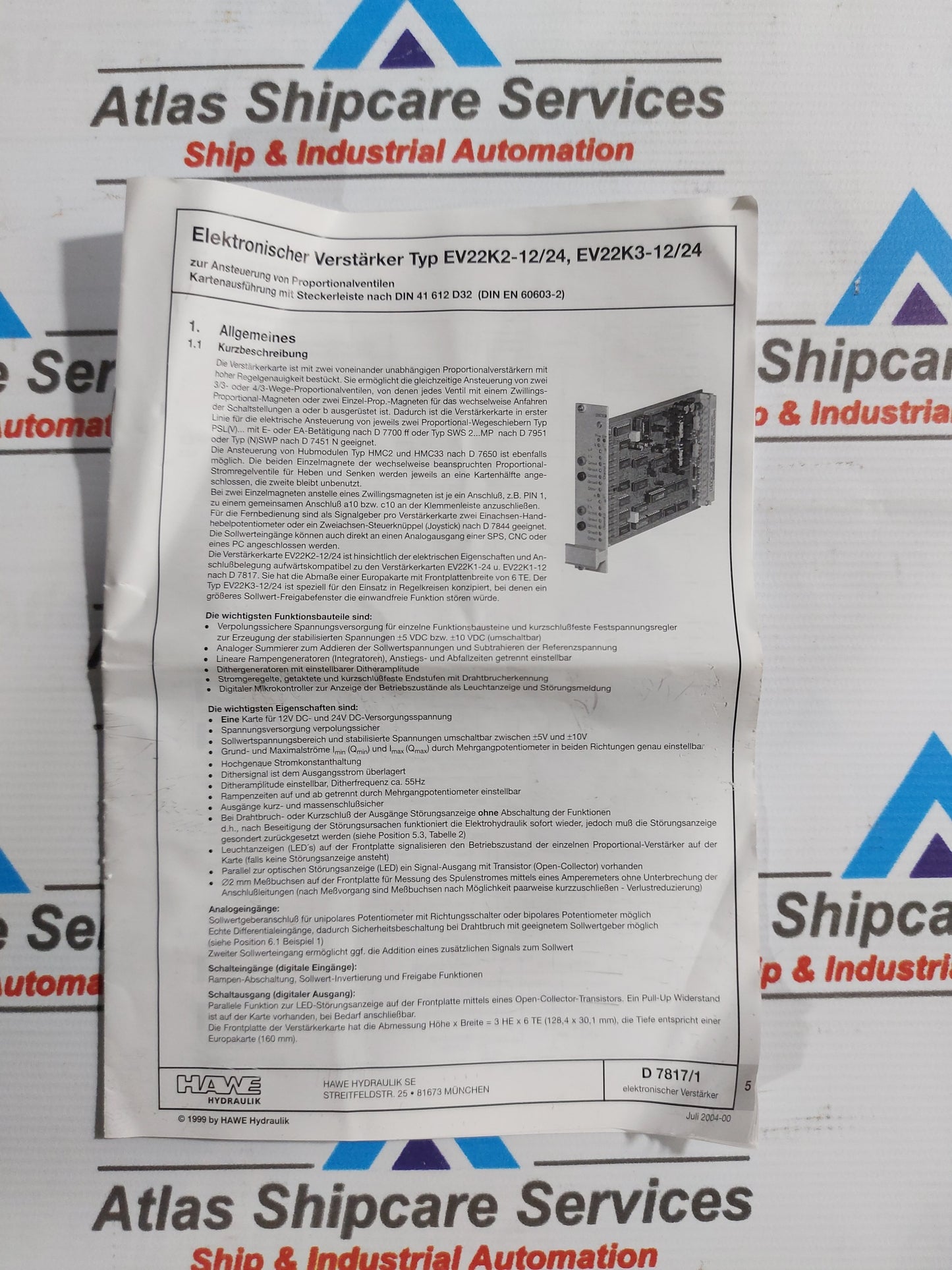 HAWE HYDRAULIK EV22K2-12/24 AMPLIFIER CARD 62178059