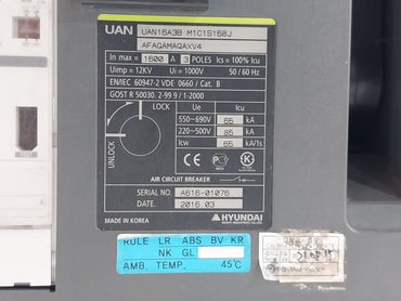 HYUNDAI UAN16A3B M1C1S168J AUTOMATIC CIRCUIT BREAKER 3 POLE 1600A