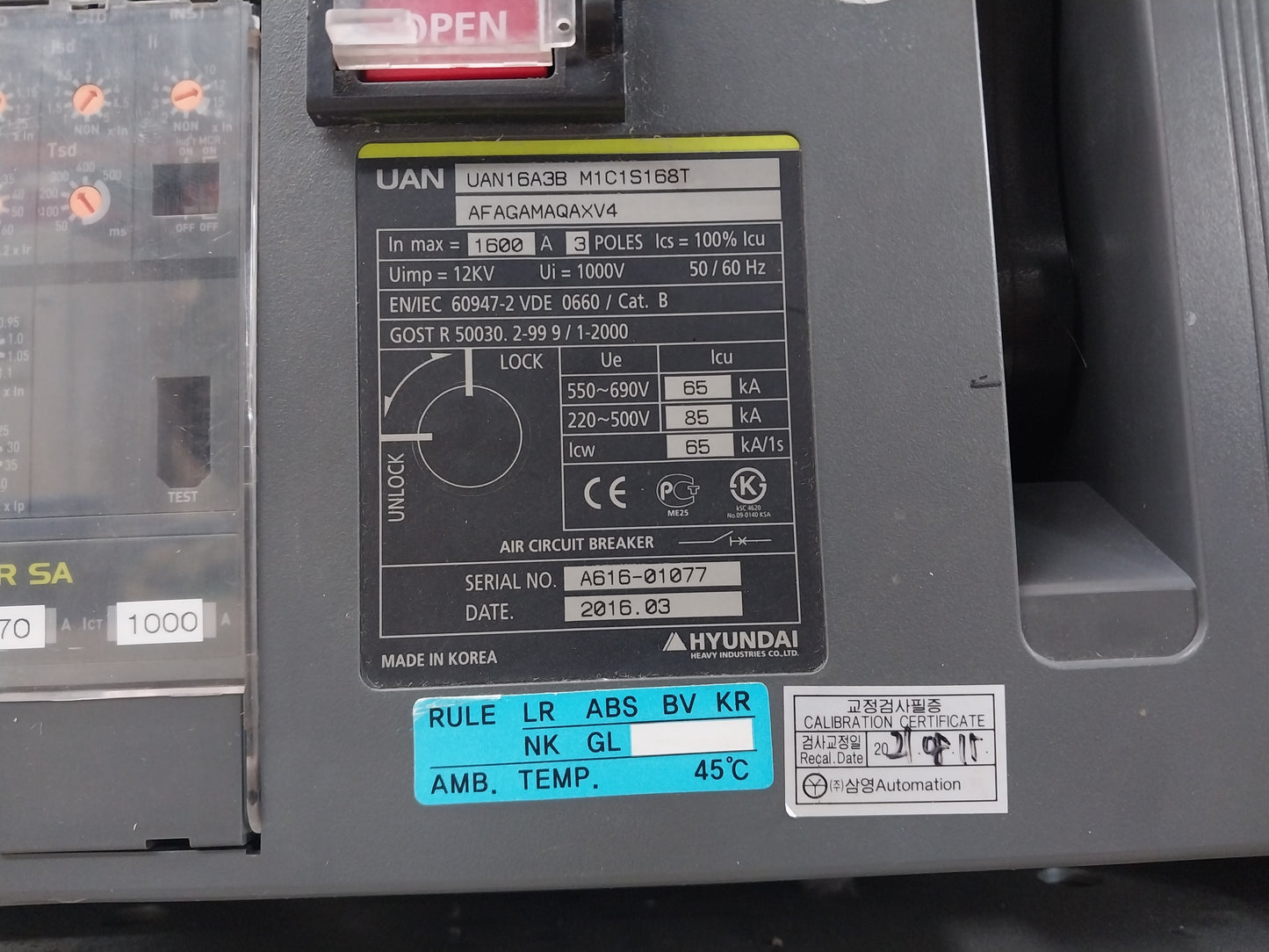 HYUNDAI UAN16A3B M1C1S168T AIR CIRCUIT BREAKER 3 POLE 1600A