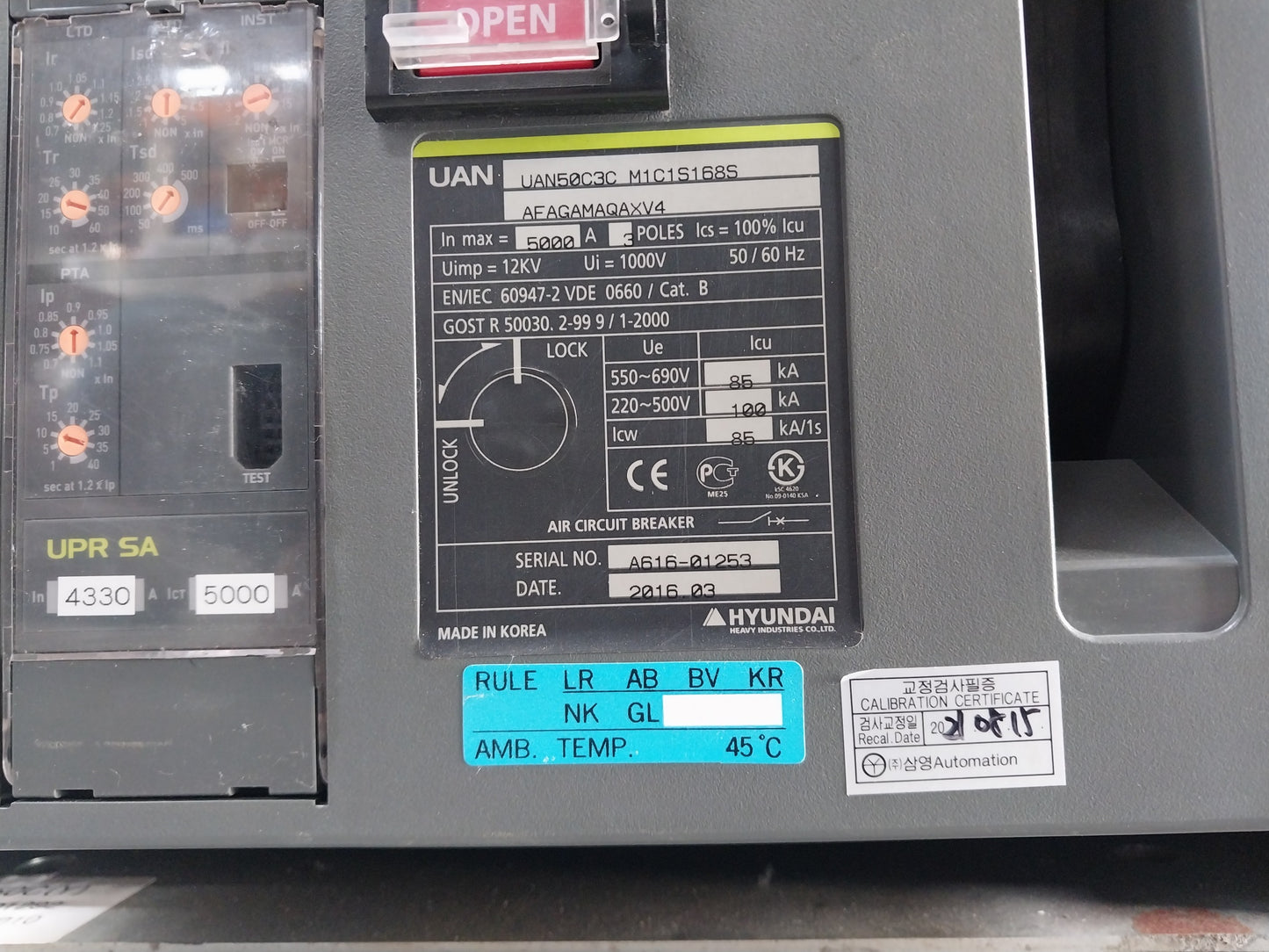 HYUNDAI UAN50C3C M1C1S168S AIR CIRCUIT BREAKER 3 POLE 5000A