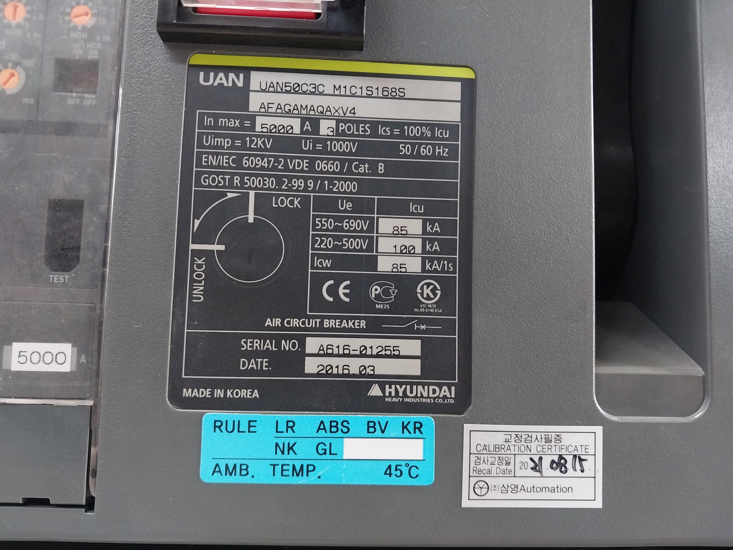 HYUNDAI UAN50C3C M1C1S168S AIR CIRCUIT BREAKER 3 POLE 5000A