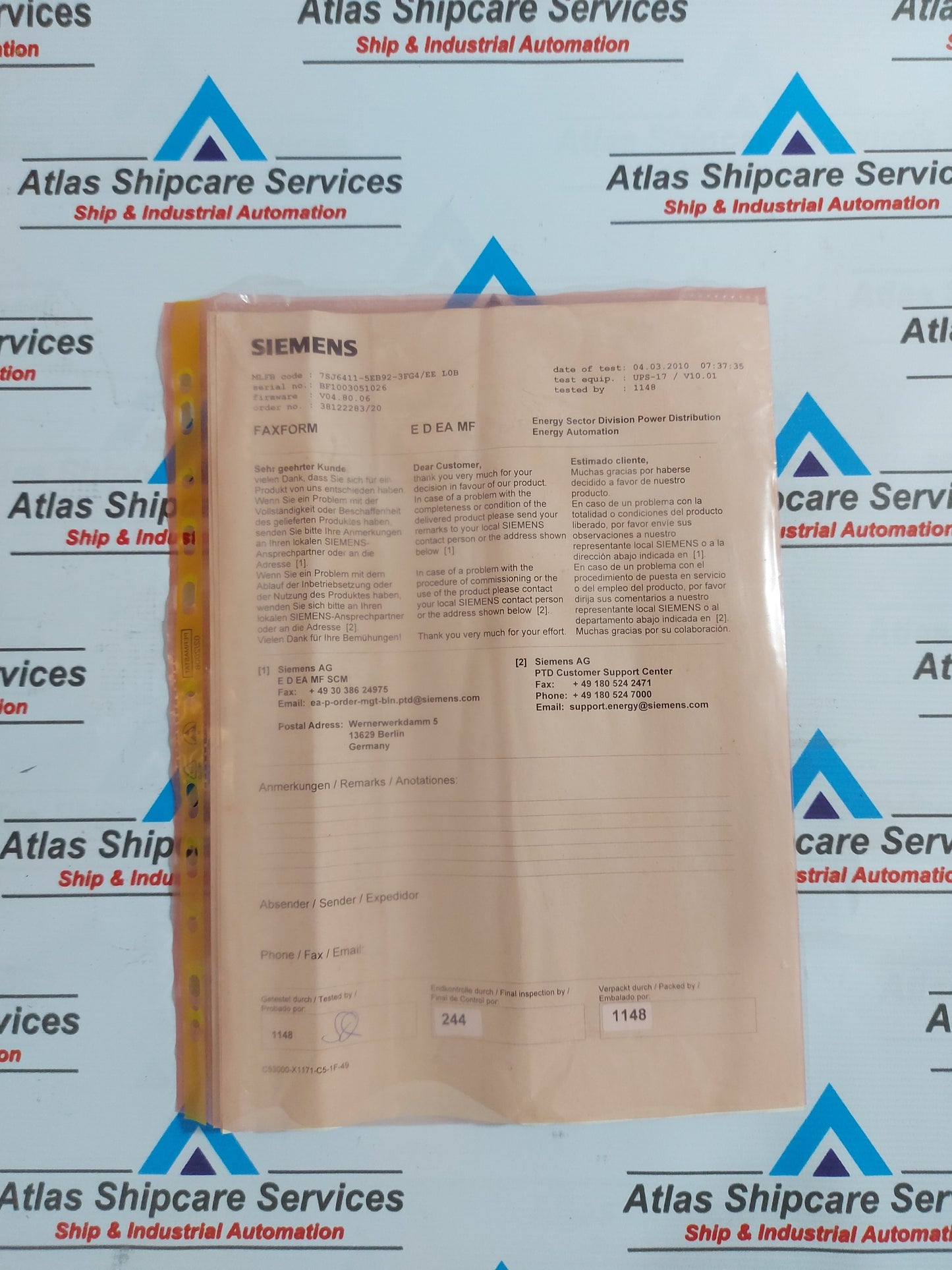 SIEMENS SIPROTEC 7SJ64 OVERCURRENT PROTECTION AND CONTROL RELAY 7SJ6411-5EB92-3FG4/EE