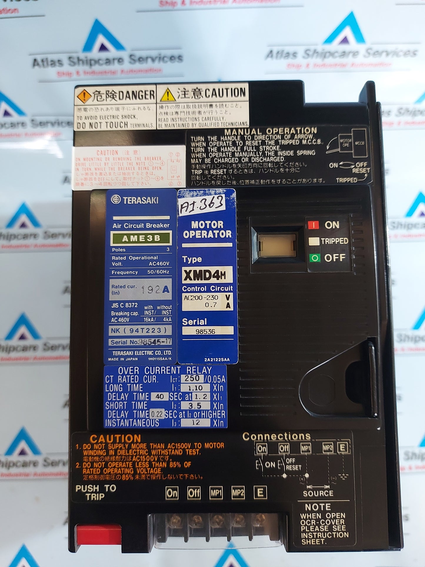TERASAKI AME3B AIR CIRCUIT BREAKERS IN 192A MOTOR OPERATOR TYPE XMD4M AC200-230V