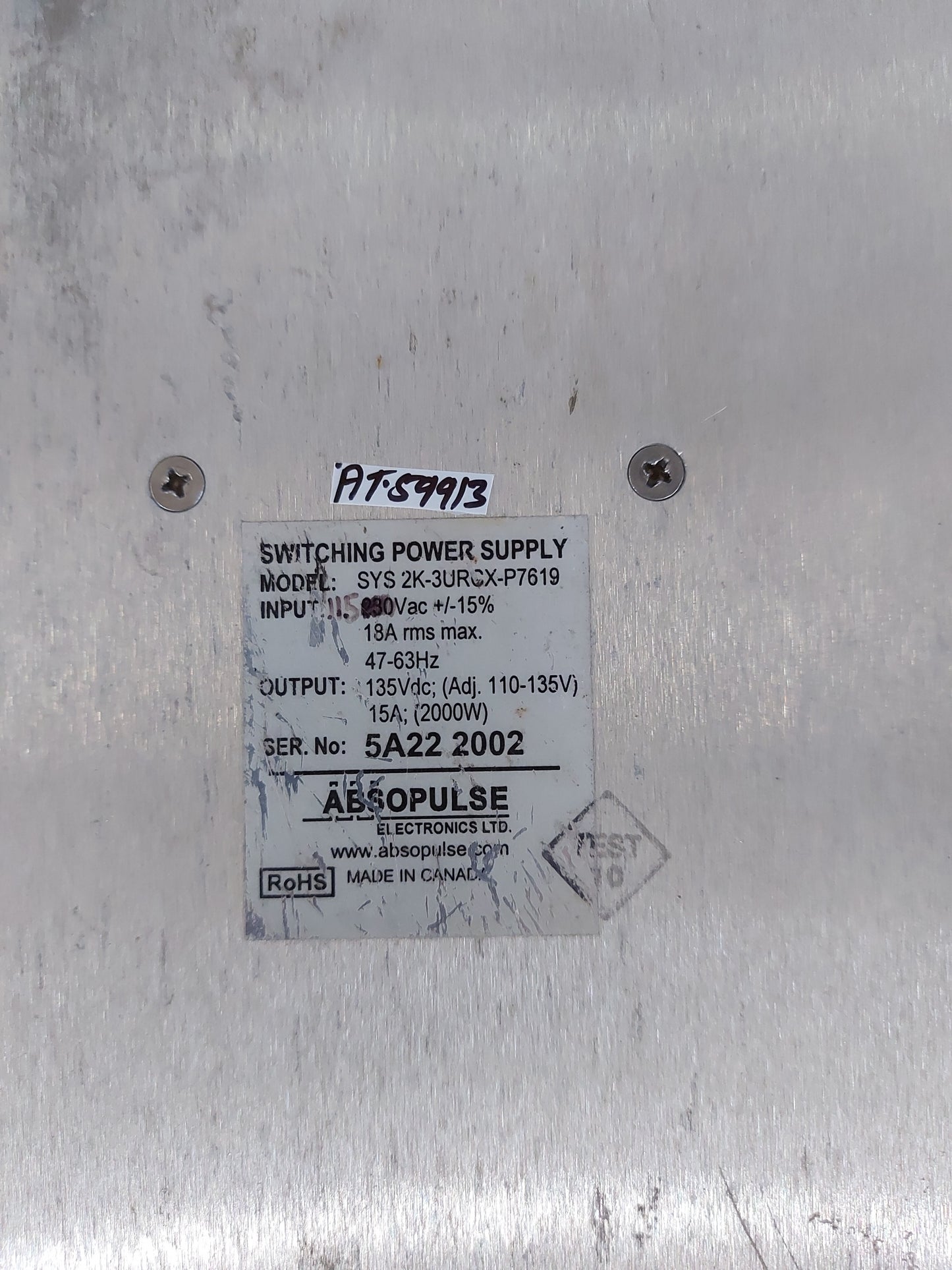 ABSOPULSE SYS 2K-3URCX-P7619 SWITCHING POWER SUPPLY