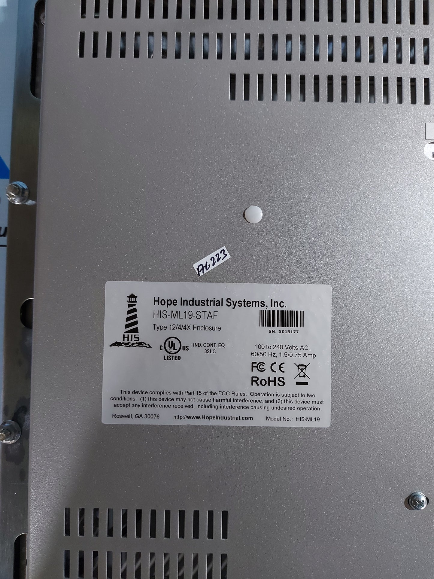 HOPE INDUSTRIAL SYSTEMS HIS-ML19-STAF OPERATOR INTERFACE TOUCHSCREEN HMI PANEL