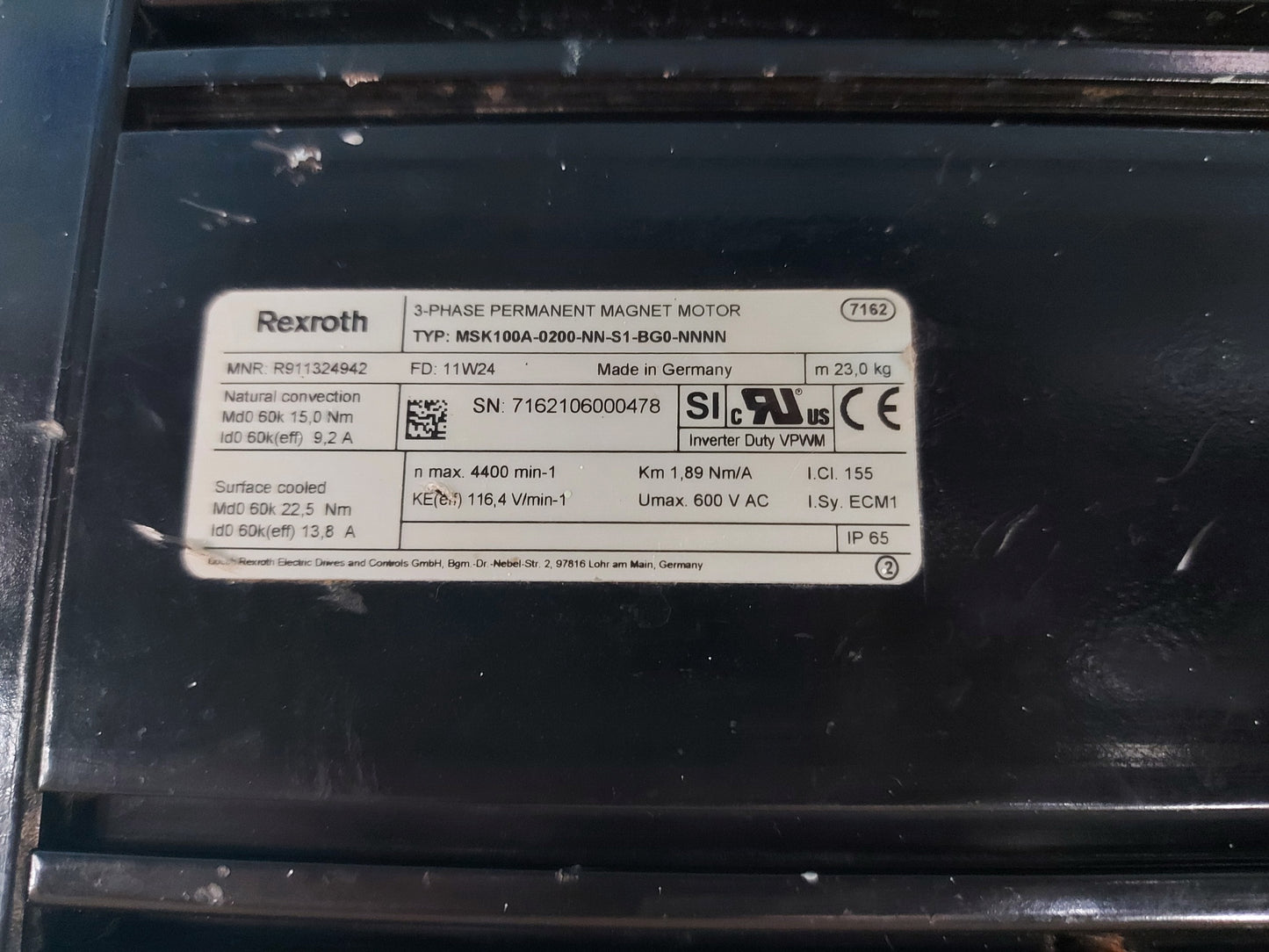 REXROTH MSK100A-0200-NN-S1-BG0-NNNN 3-PHASE PERMANENT MAGNET MOTOR