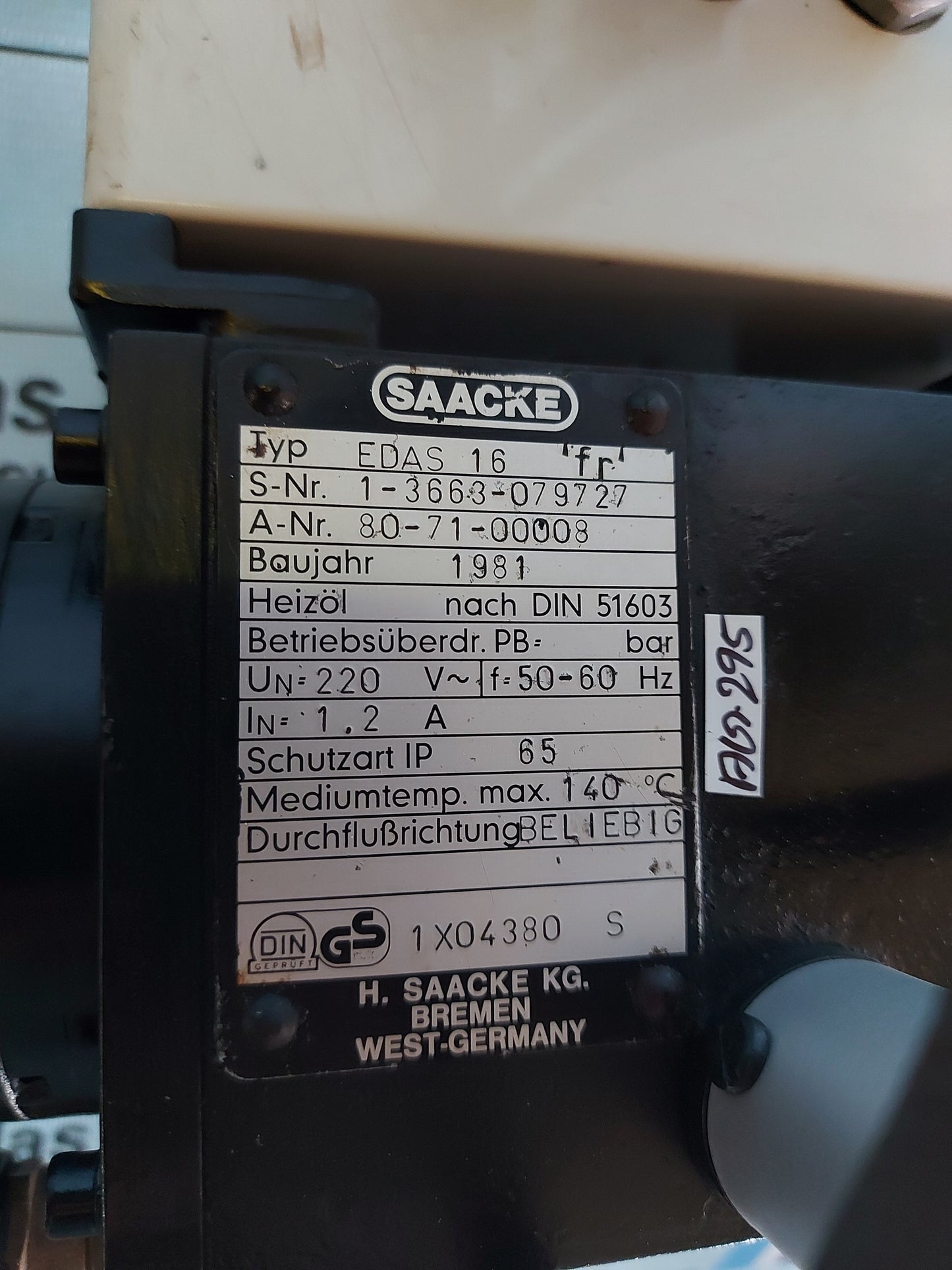 SAACKE EDAS 16 ELECTROMAGNETIC VALVE AG295