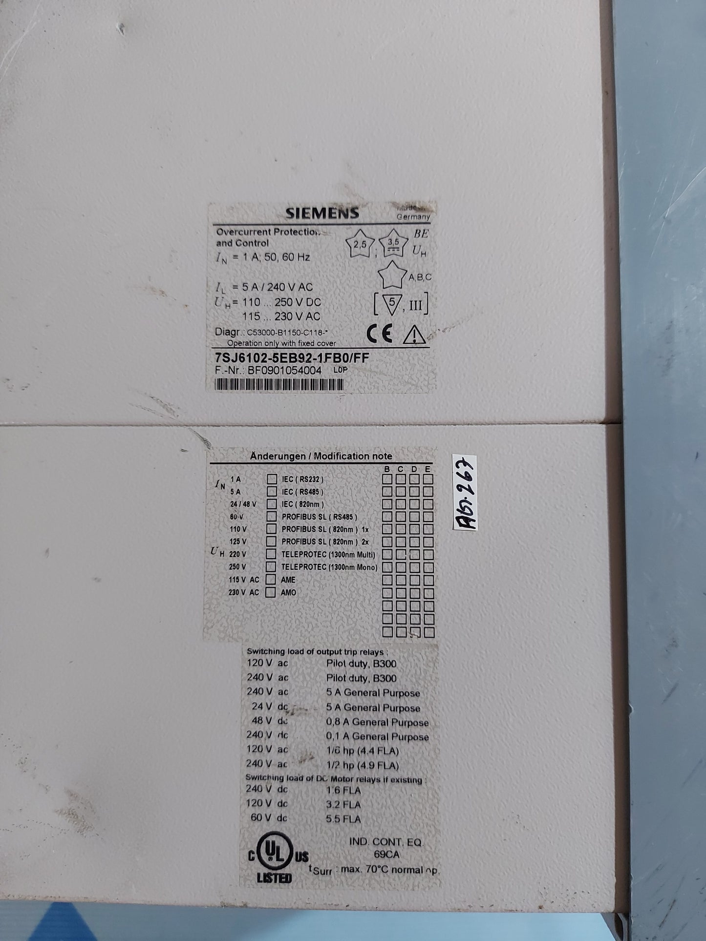 SIEMENS 7SJ61 SIPROTEC 7SJ6102-5EB92-1FB0/FF OVERCURRENT PROTECTION RELAY AG267