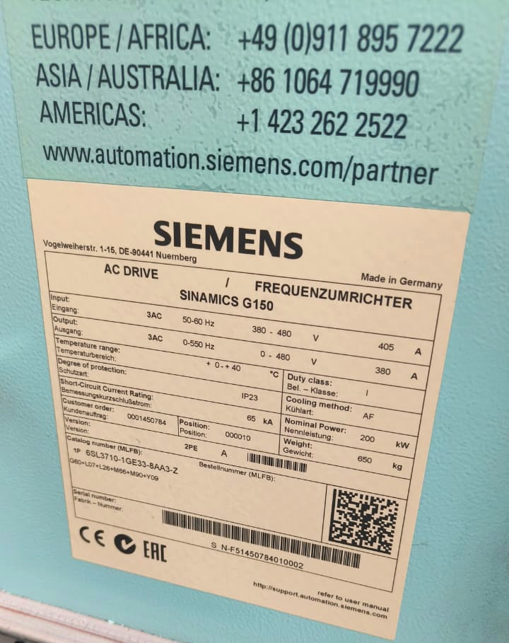 SIEMENS AC DRIVE SINAMICS G150 6SL3710-1GE33-8AA3-Z