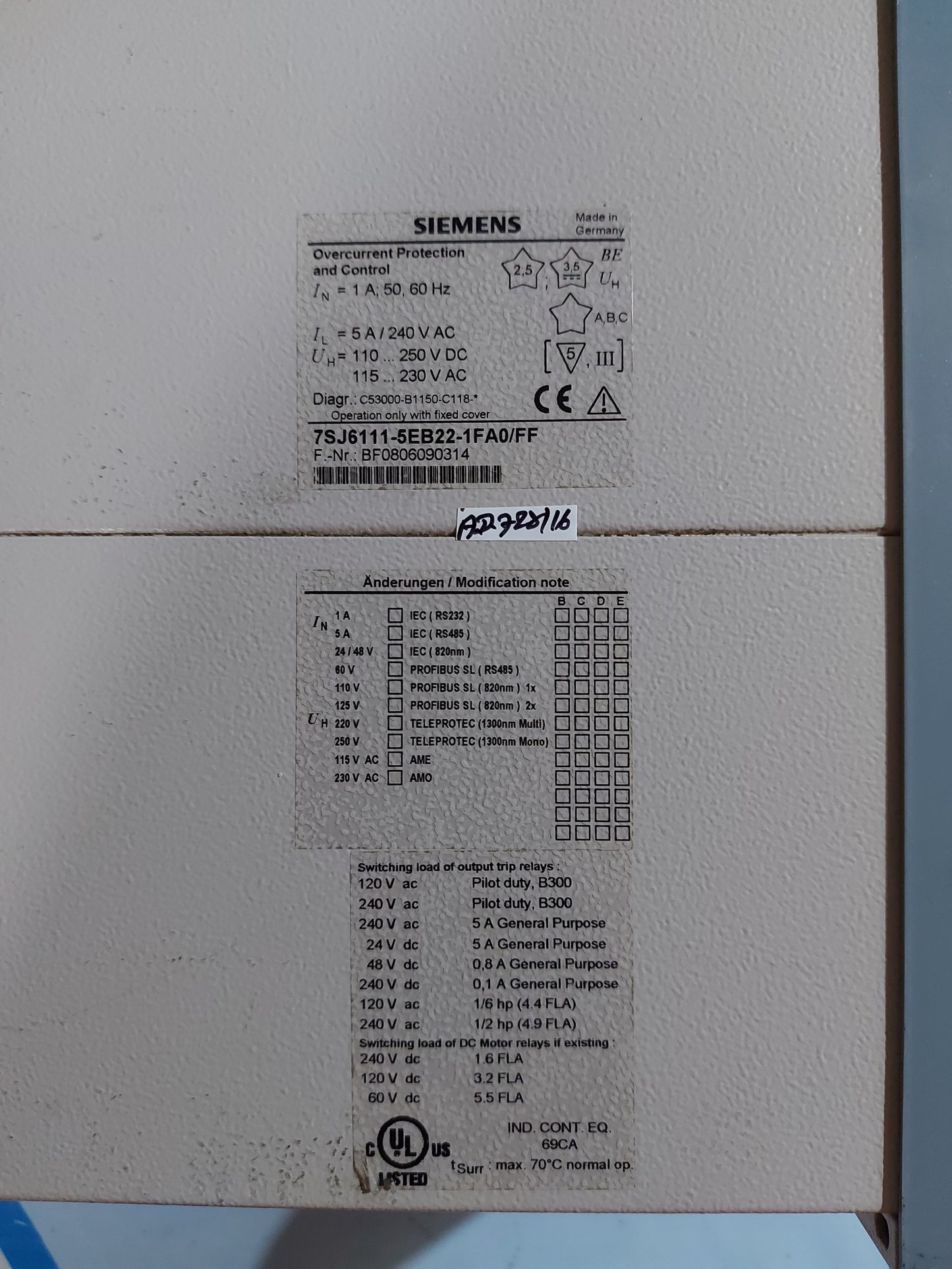 SIEMENS SIPROTEC 7SJ6111-5EB22-1FA0/FF OVERCURRENT PROTECTION AND CONTROL