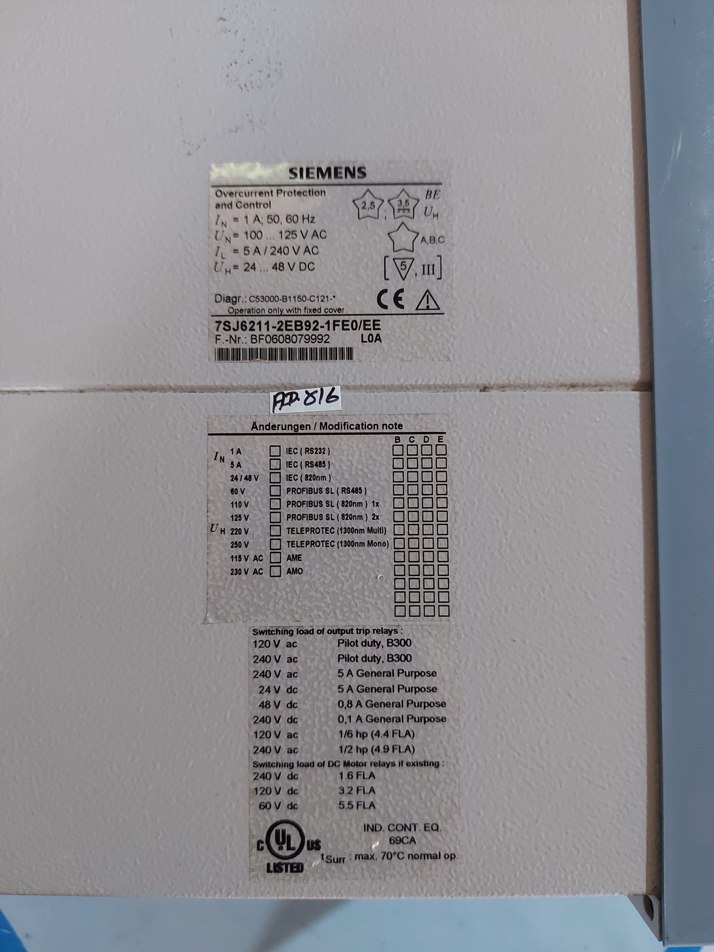 SIEMENS SIPROTEC 7SJ6211-2EB92-1FE0/EE OVERCURRENT PROTECTION AND CONTROL