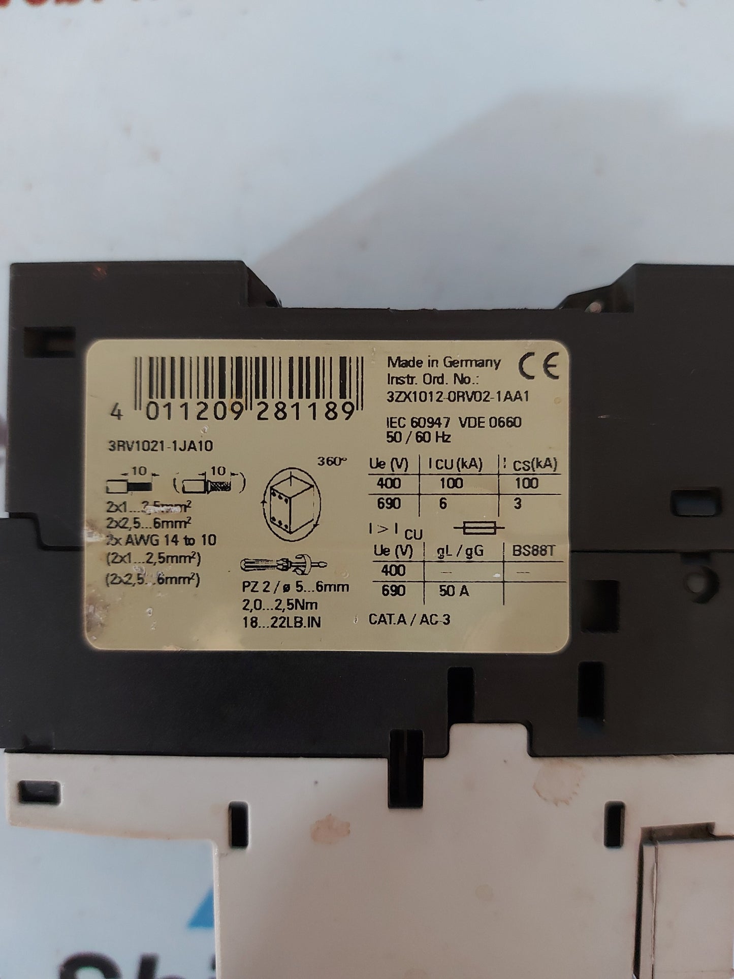 Siemens Sirius 3R 3RV1021-1JA10 Motor Circuit Breaker
