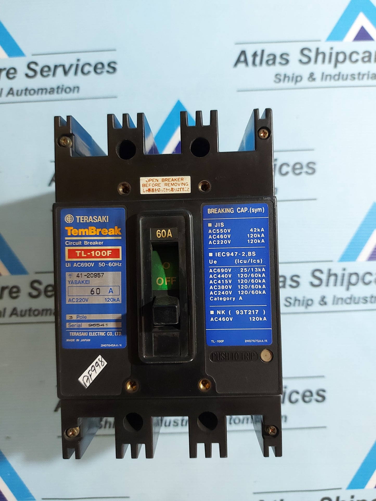 TERASAKI TL-100F TEMBREAK MOLDED CASE CIRCUIT BREAKER 3 POLE AC690V 50~60Hz