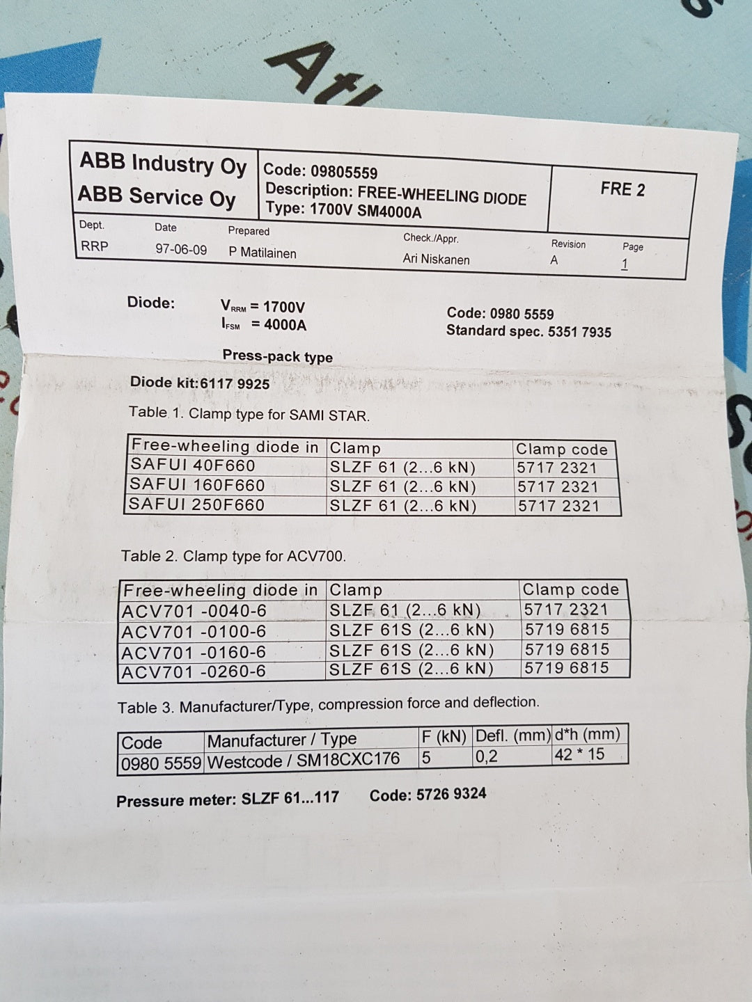 ABB 1700V SM4000A FREE-WHEELING DIODE