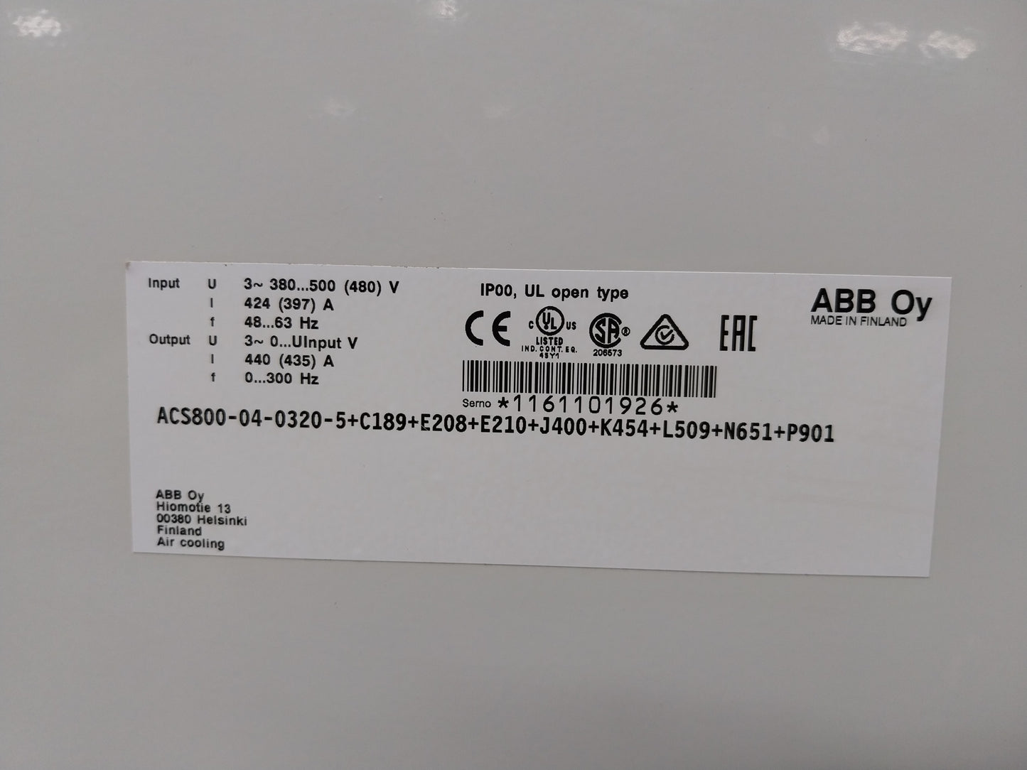 ABB ACS800-04-0320-5+C189+E208+E210+J400+K454+L509+N651-P901 VFD FREQUENCY DRIVE