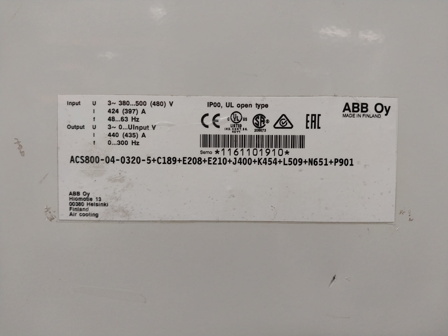 ABB ACS800-04-0320-5+C189+E208+E210+J400+K454+L509+N651+P901 VFD FREQUENCY DRIVE