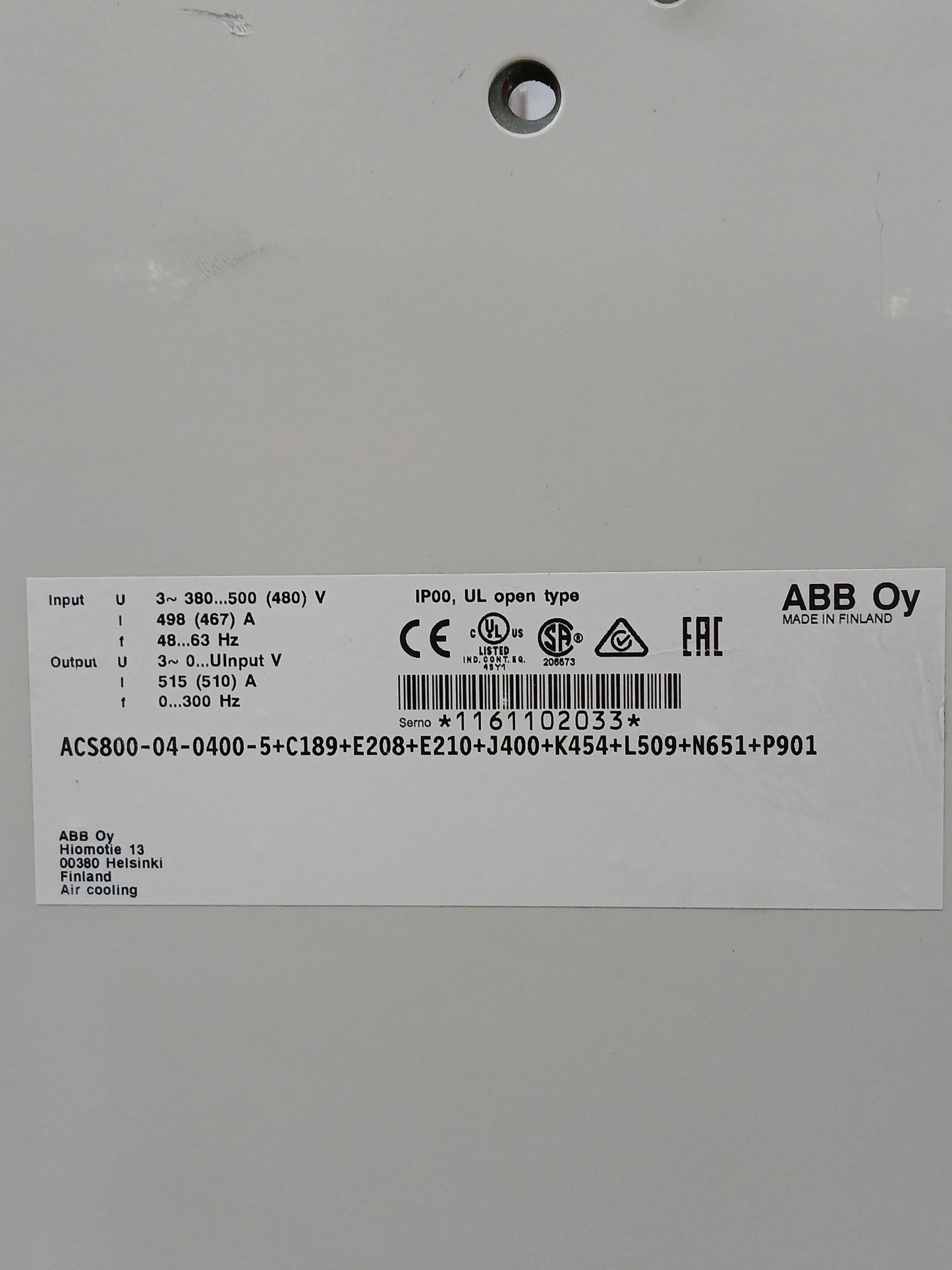 ABB ACS800-04-0400-5+C189+E208+E210+J400+K454+L509+N651+P901 VFD FREQUENCY DRIVE