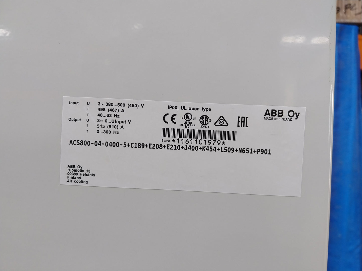 ABB ACS800-04-0400-5+C189+E208+E210+J400+K454+L509+N651+P901 VFD FREQUENCY DRIVE