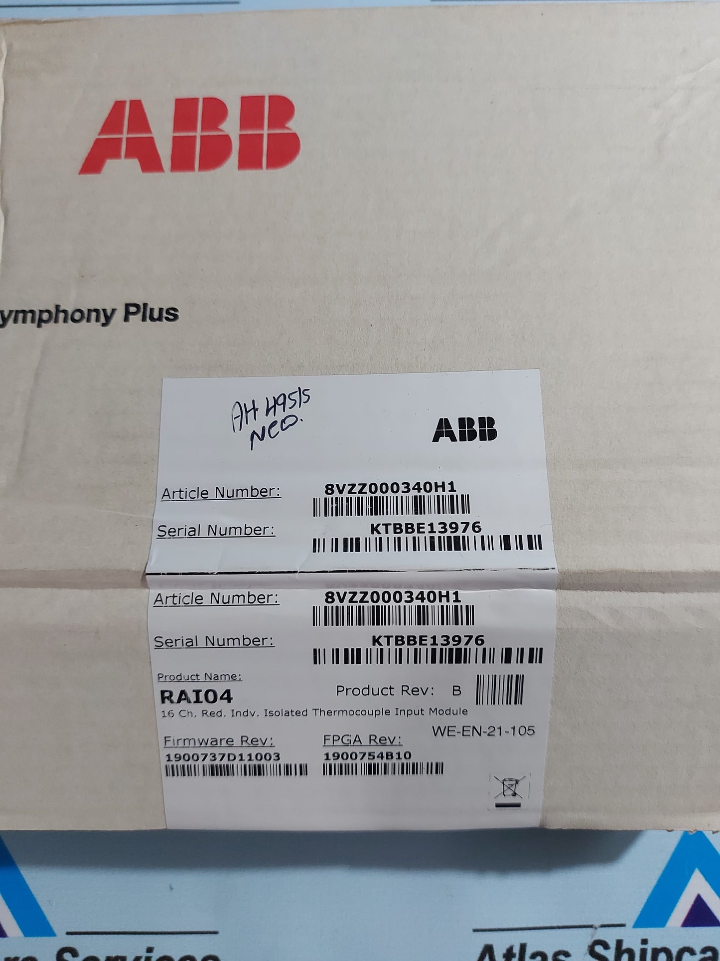 ABB RAI04 16 CHANNEL RED,INDV ISOLATED THERMOCOUPLE INPUT MODULE