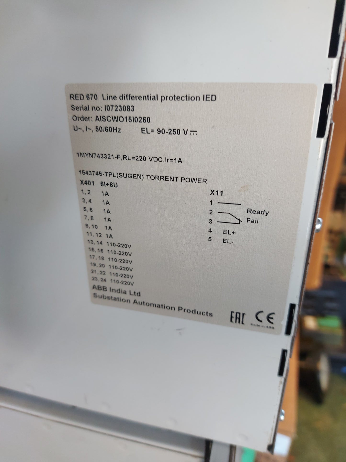 ABB RED670 LINE DIFFERENTIAL PROTECTION IED 1MRK002810-AA