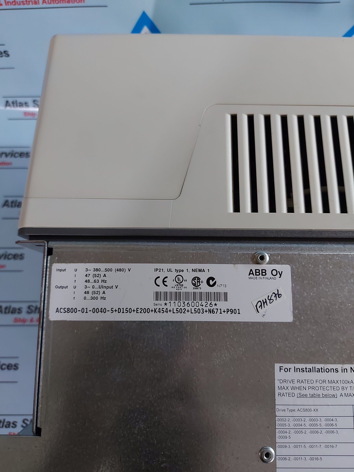 ABB VFD DRIVE ACS800-01-0040-5+D150+E200+K454+L502+L503+N671+P901