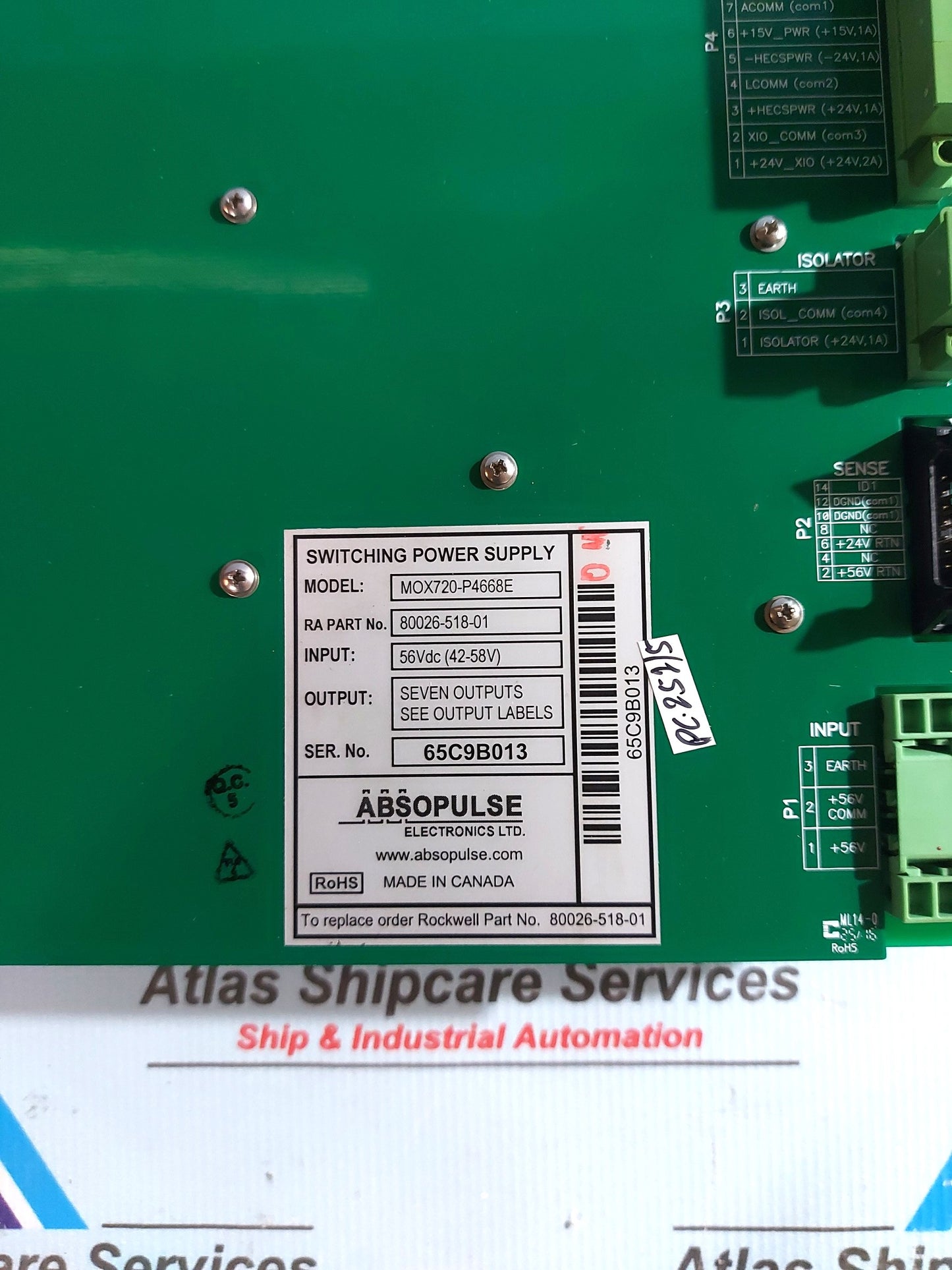 ABSOPULSE MOX720-P4668E SWITCHING POWER SUPPLY 56VDC (42-58V)