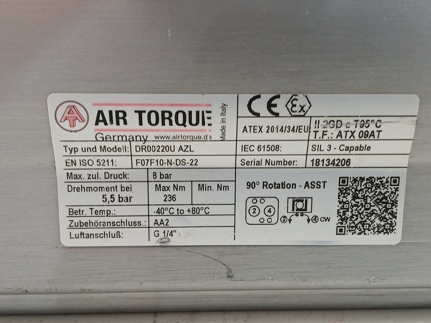 AIR TORQUE DR00220U AZL PNEUMATIC ACTUATOR