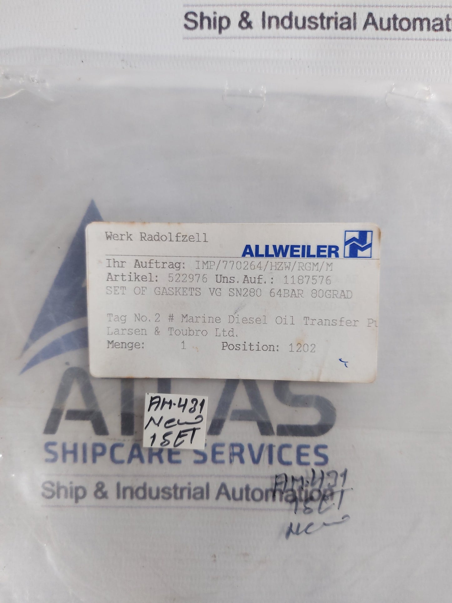 ALLWEILER VG SN280 64BAR 80GARD SET OF GASKETS