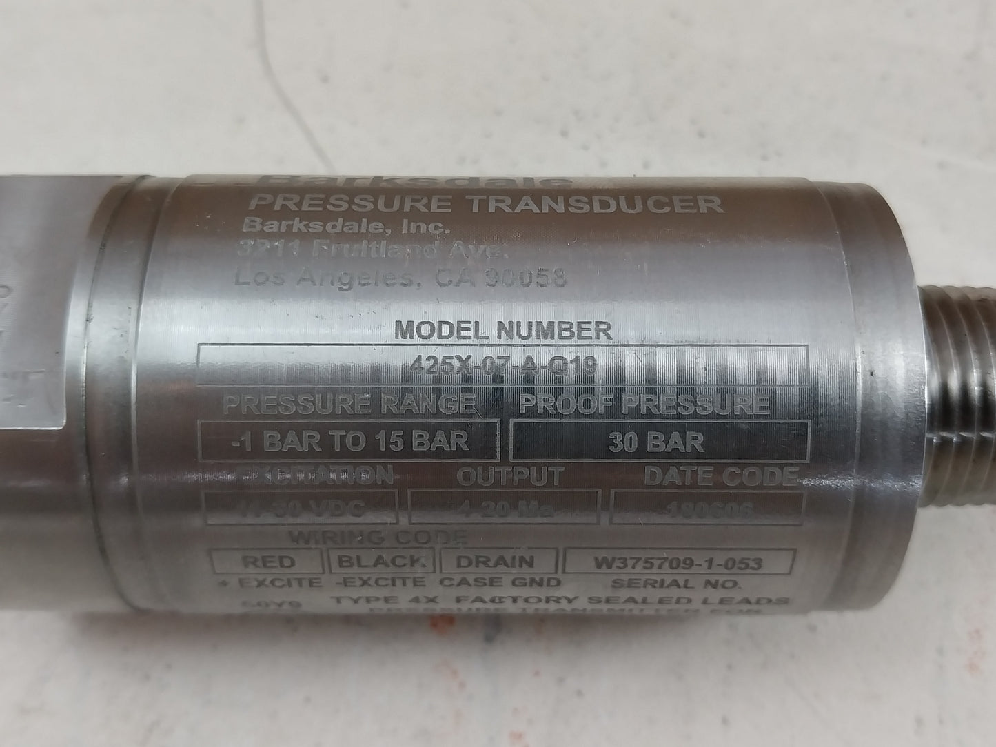 BARKSDALE 425X-07-A-Q19 PRESSURE TRANSDUCER -1 TO 15 BAR