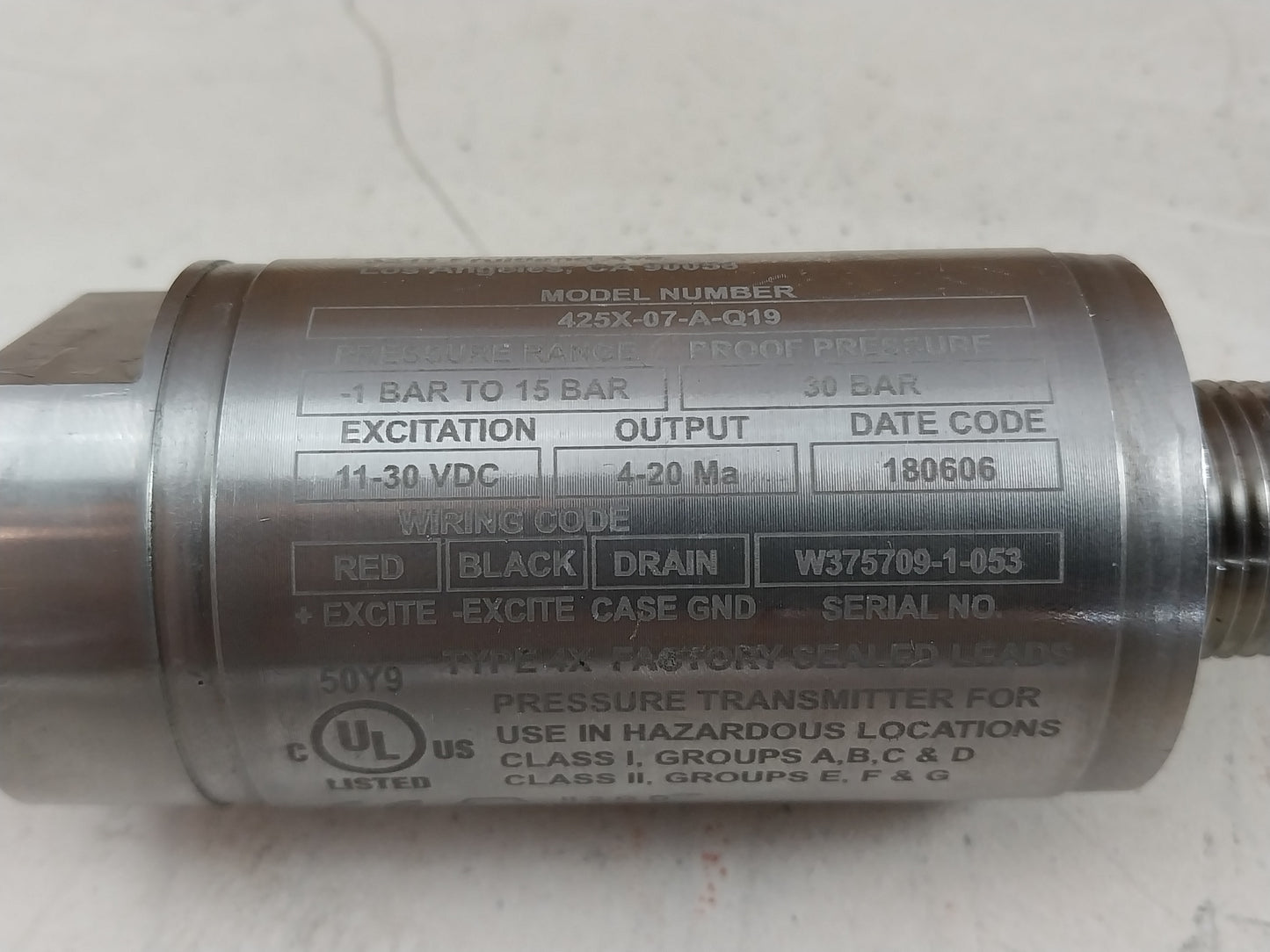 BARKSDALE 425X-07-A-Q19 PRESSURE TRANSDUCER -1 TO 15 BAR