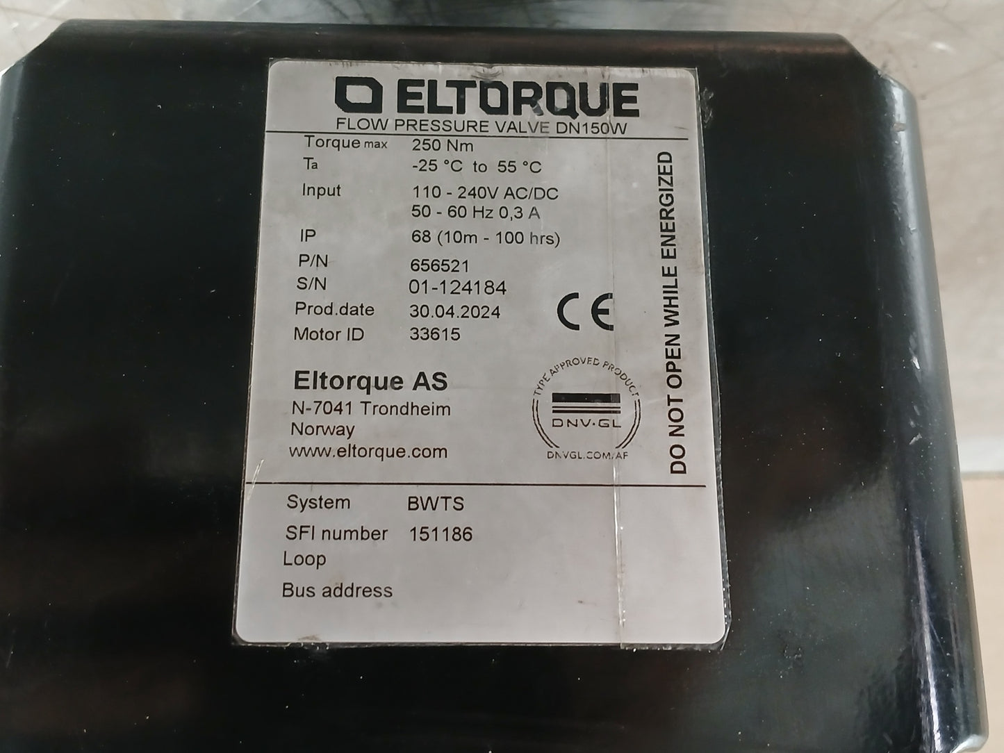 ELTORQUE 656521 FLOW PRESSURE VALVE DN150W TORQUE 250Nm