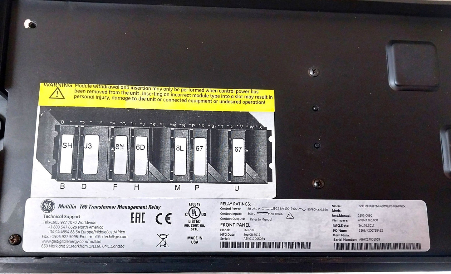GE T60UJ3HKHF8NH6DM8LP67U67WXX MULTILIN T60 TRANSFORMER MANAGEMENT RELAY