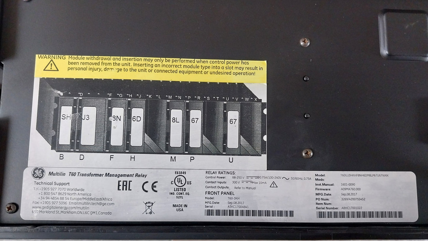 GE T60UJ3HKHF8NH6DM8LP67U67WXX MULTILIN T60 TRANSFORMER MANAGEMENT RELAY