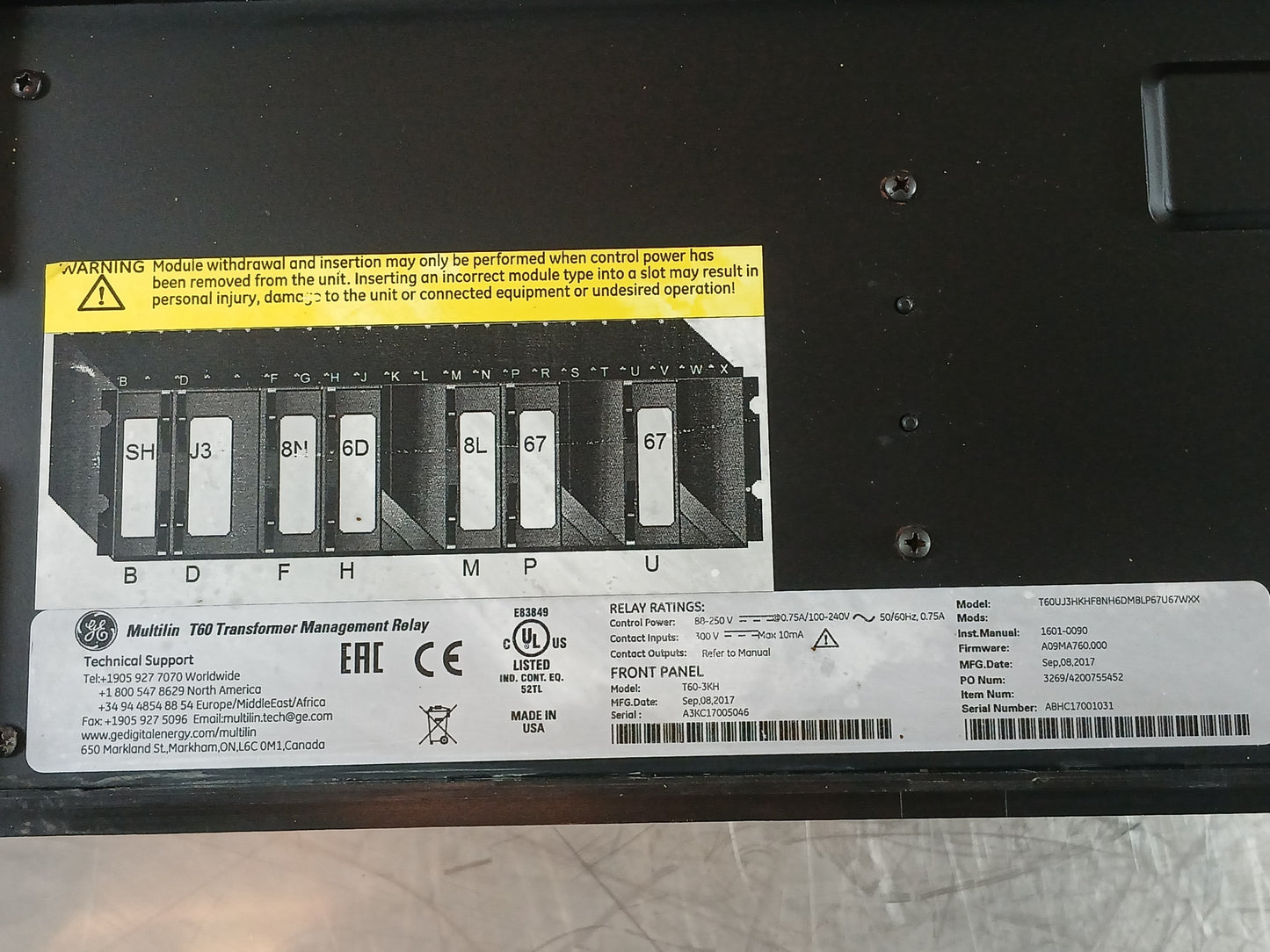 GE T60UJ3HKHF8NH6DM8LP67U67WXX MULTILIN T60 TRANSFORMER MANAGEMENT RELAY
