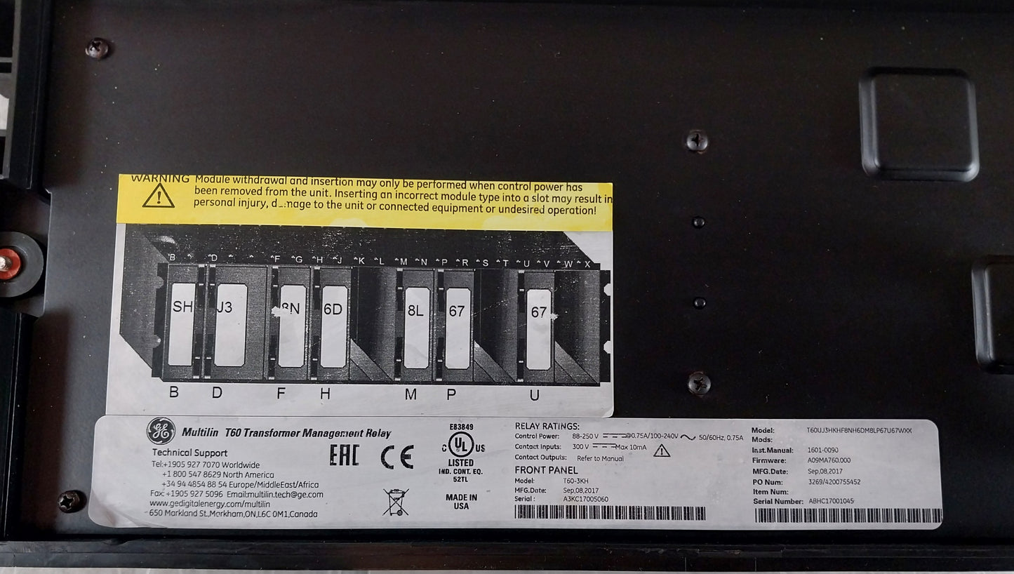 GE T60UJ3HKHF8NH6DM8LP67U67WXX MULTILIN T60 TRANSFORMER MANAGEMENT RELAY