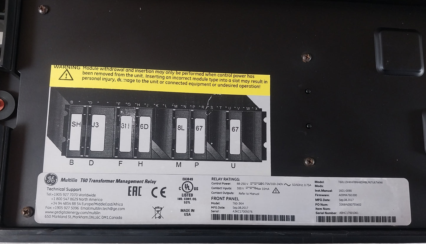 GE T60UJ3HKHF8NH6DMLP67U67WXX MULTILIN T60 TRANSFORMER MANAGEMENT RELAY
