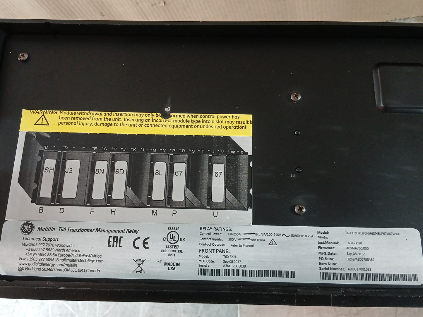 GE T60UL3HKHFF8NH6DM8LP67U67WXX MULTILIN T60 TRANSFORMER MANAGEMENT RELAY