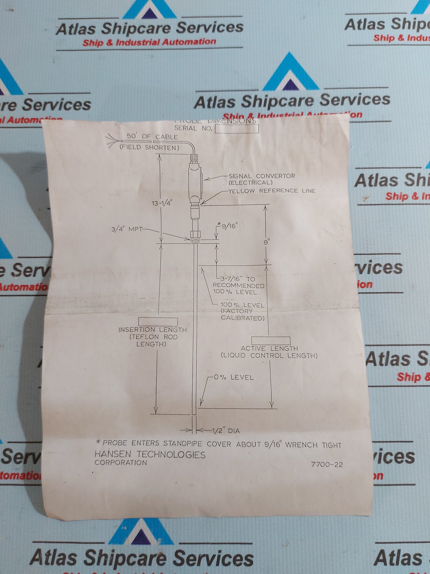 HANSEN TECHNOLOGIES LP-04FX 33" PROBE RECEIVER LEVEL TRANSDUCER