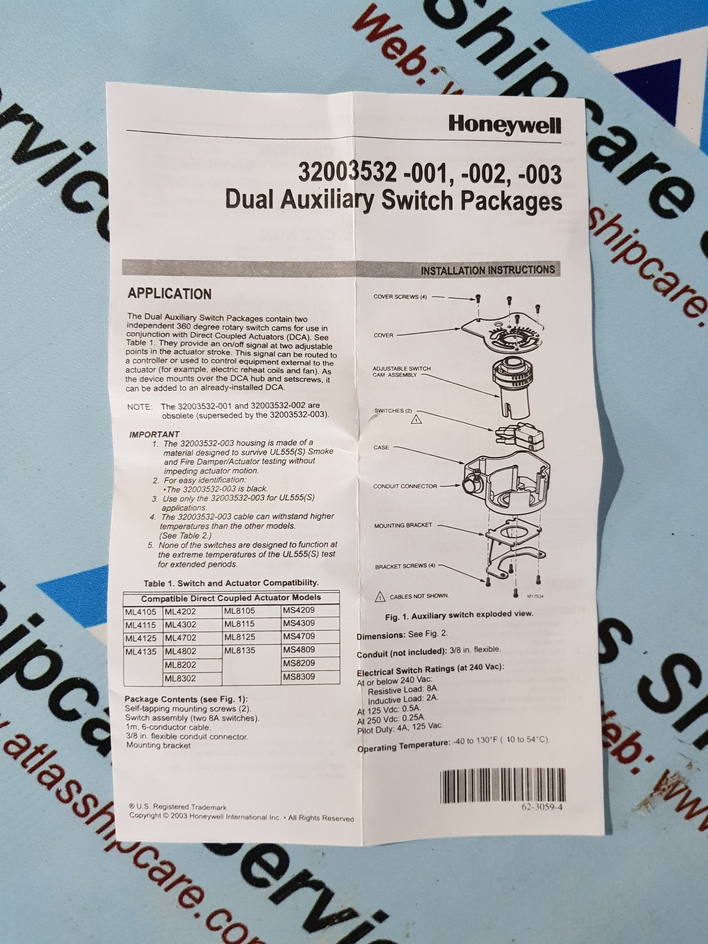 HONEYWELL 32003532-005 AUXILIARY SWITCH PACKAGE FOR HIGH VOLTAGE CIRCUIT