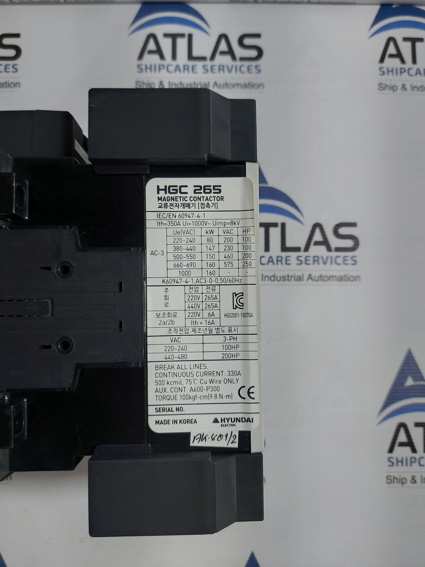 HYUNDAI HGC 265 MAGNETIC CONTACTOR 3 POLE 350A