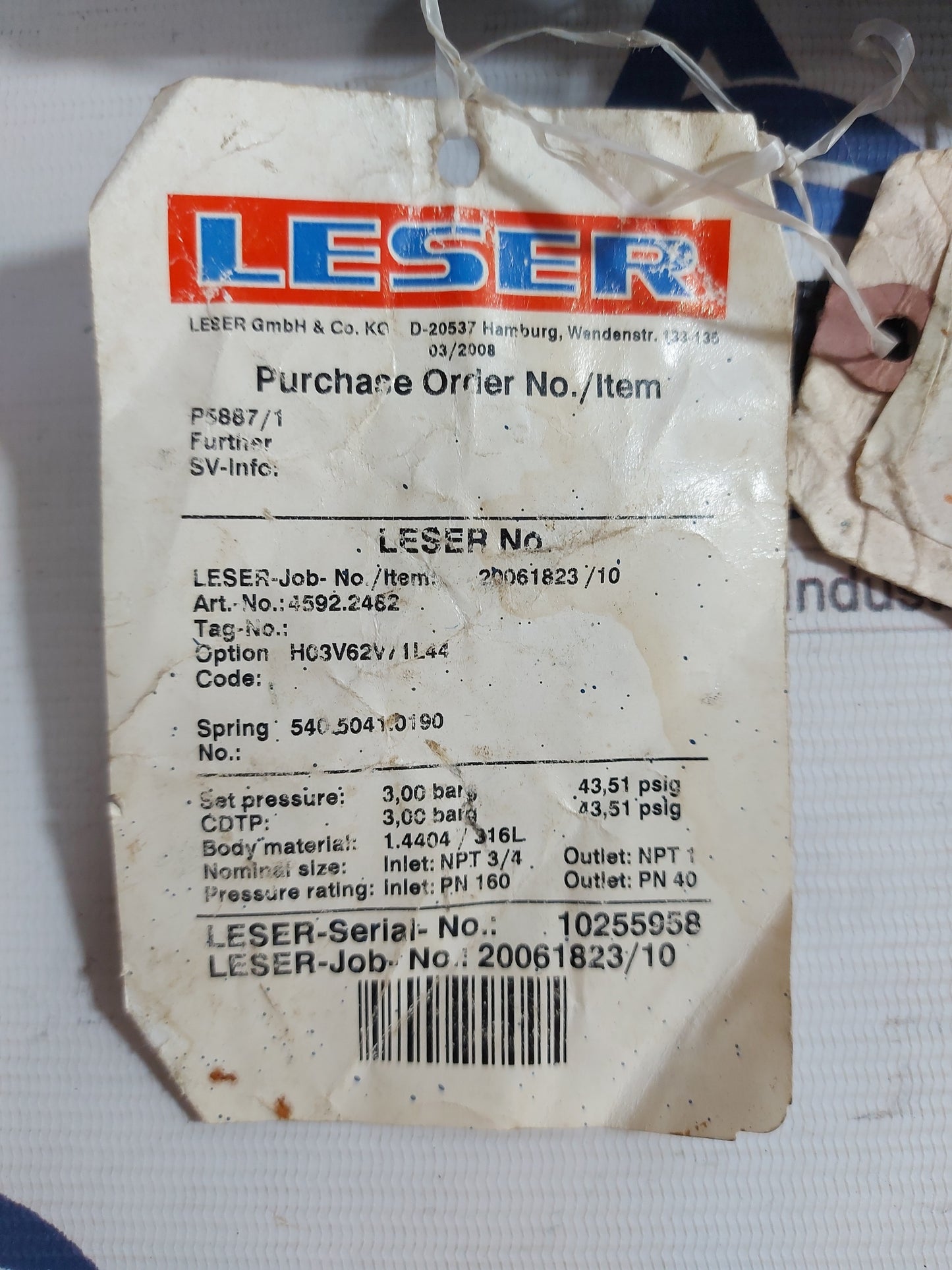LESER 4592.2482 THREADED RELIEF SAFETY VALVE