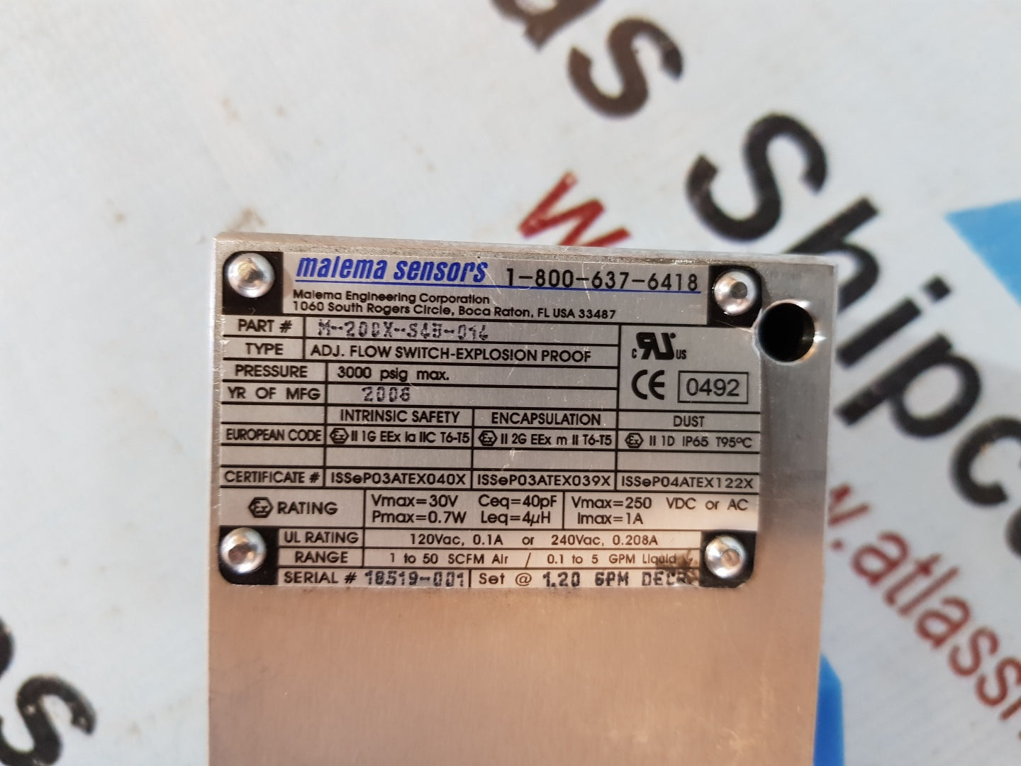 MALEMA SENSORS M-200X-S43-014 EXPLOSION PROOF ADJUSTABLE FLOW SWITCH