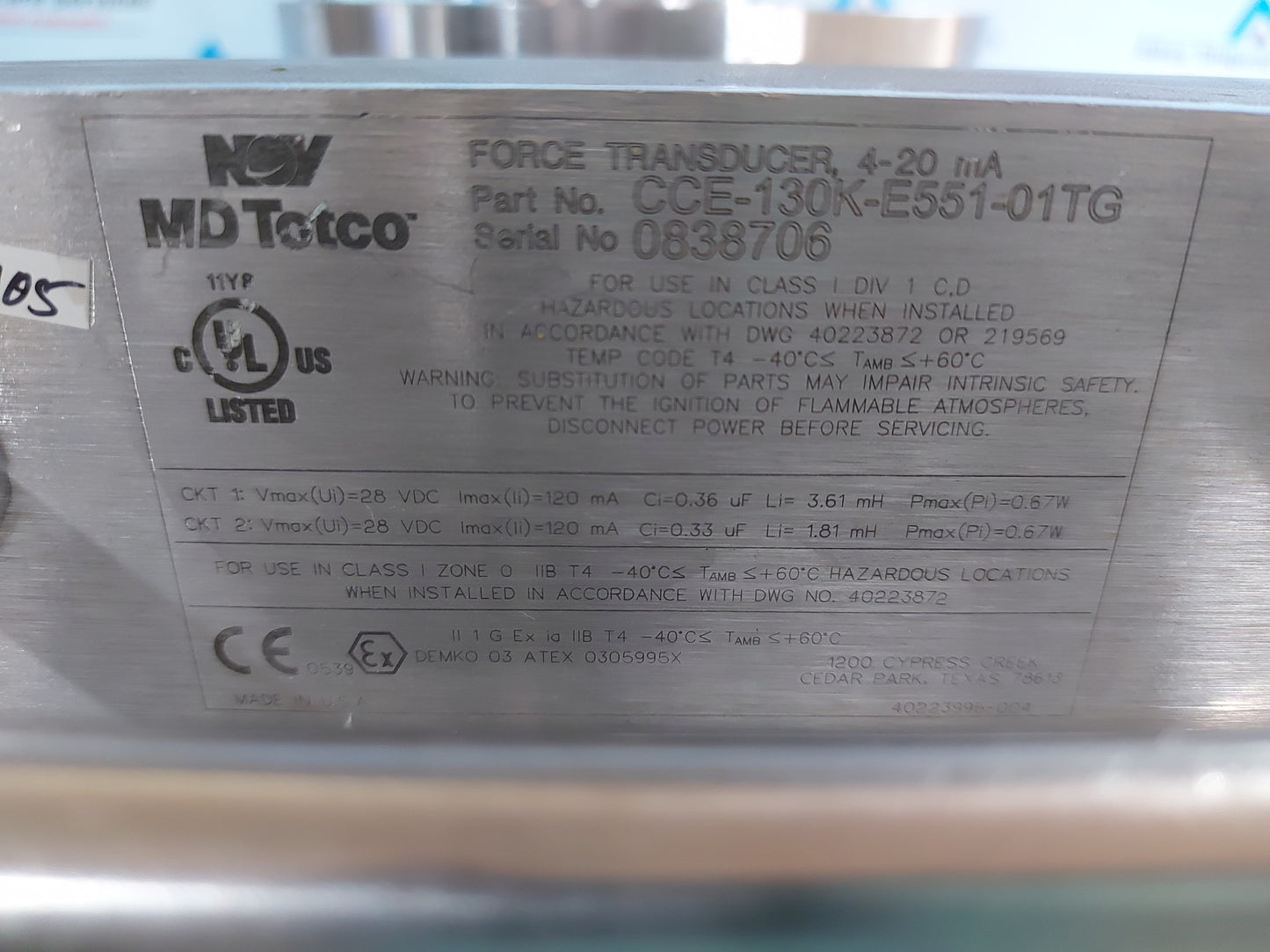 M/D TOTCO CCE-130K-E551-01TG FORCE TRANSDUCER 4-20 mA