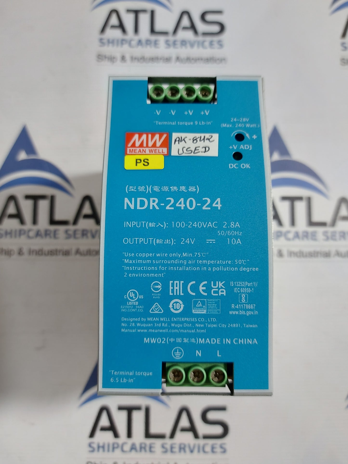 MEAN WELL NDR-240-24 100-240VAC 10A DIN RAIL POWER SUPPLY