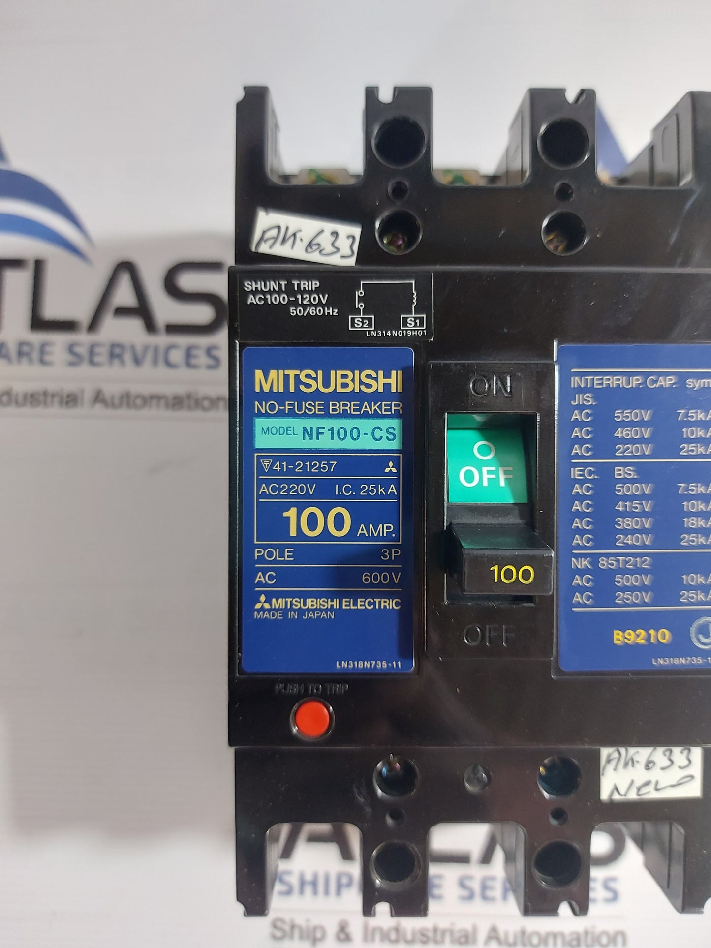 MITSUBISHI NF100-CS NO-FUSE BREAKER 3 POLE 100Amp