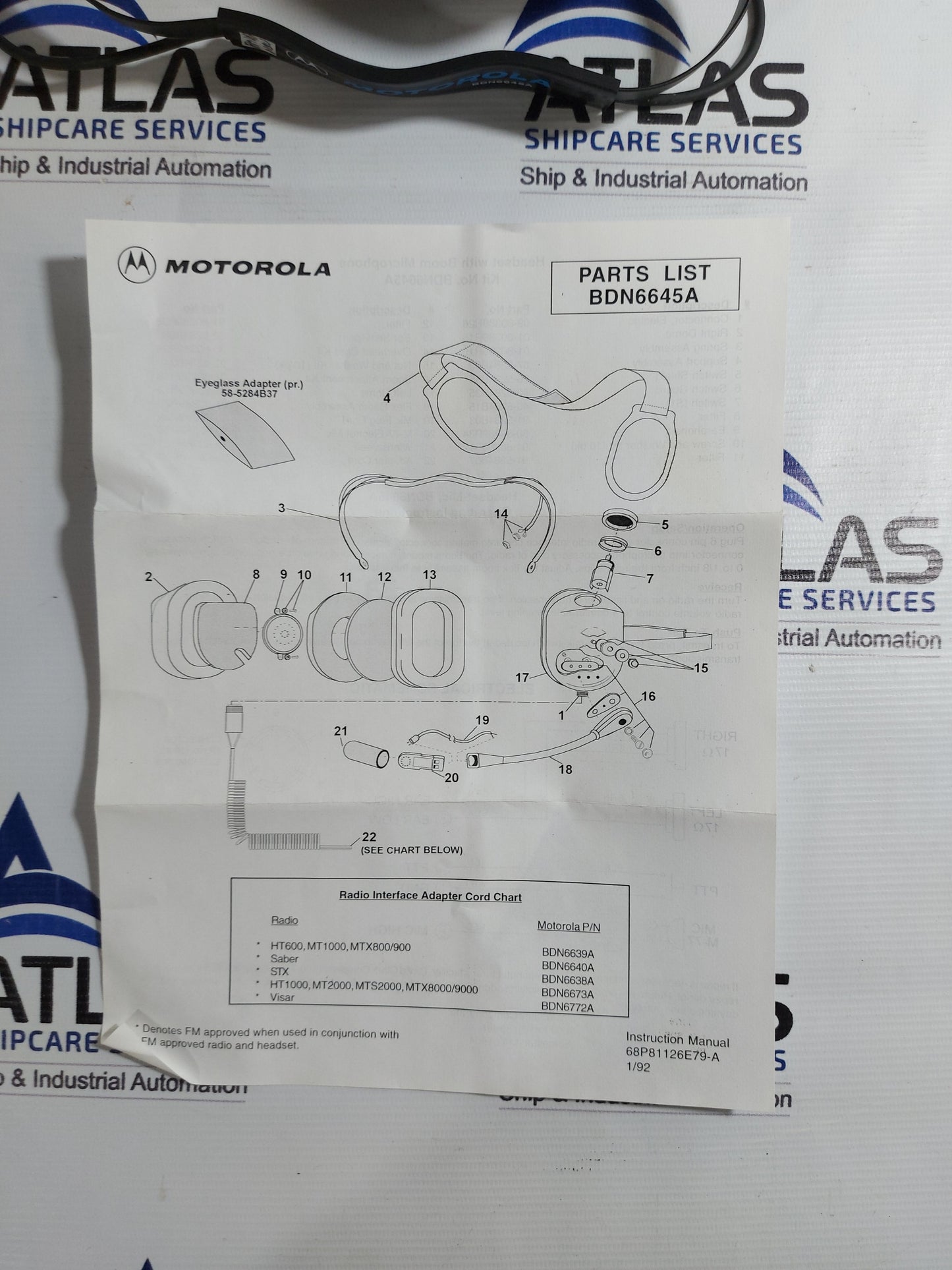 MOTOROLA BDN6645A HELICOPTER OPERATION HEADSETS WITH ADAPTER CORD