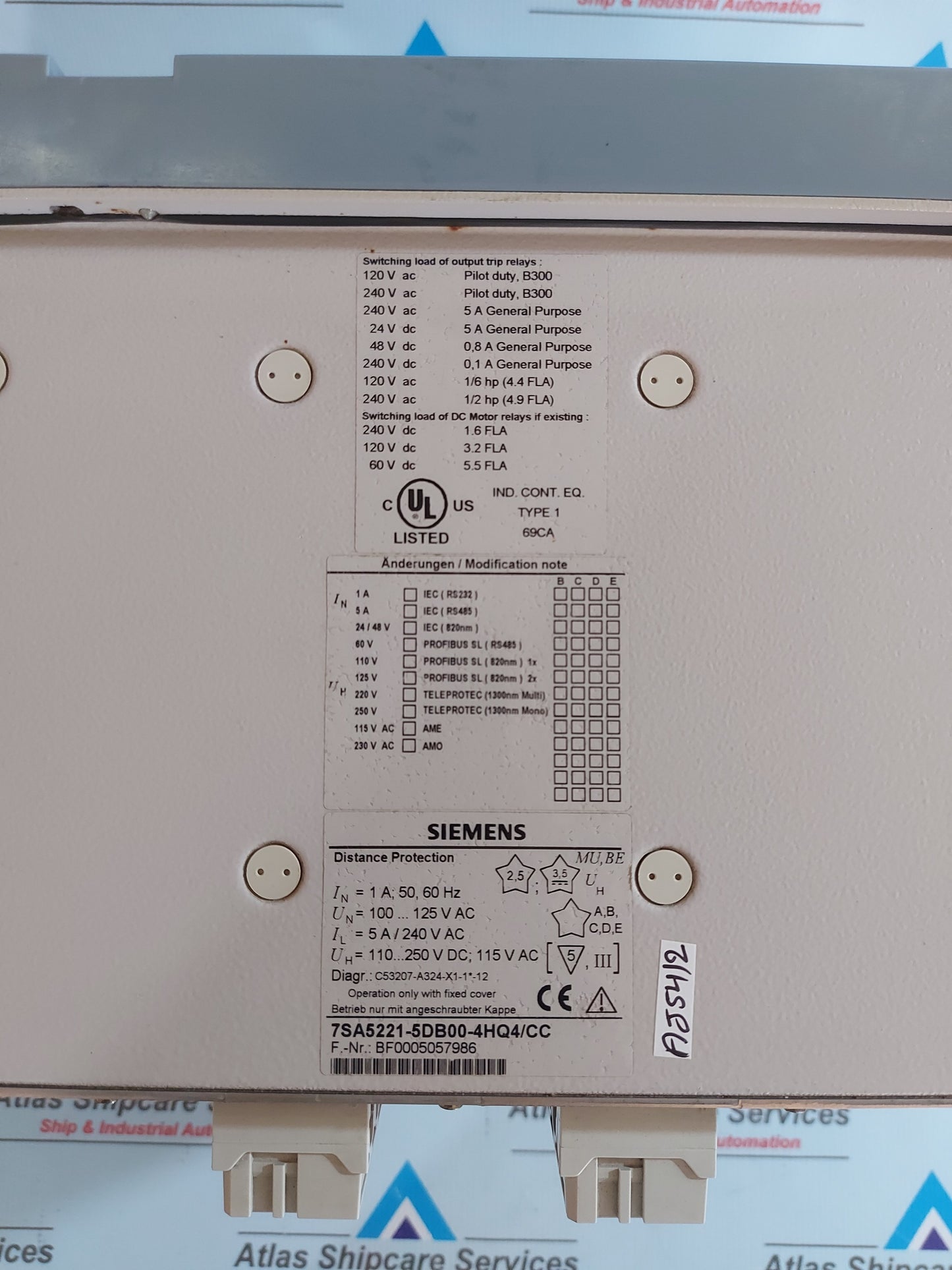 SIEMENS SIPROTEC 7SA5221-5DB00-4HQ4/CC DISTANCE PROTECTION RELAY