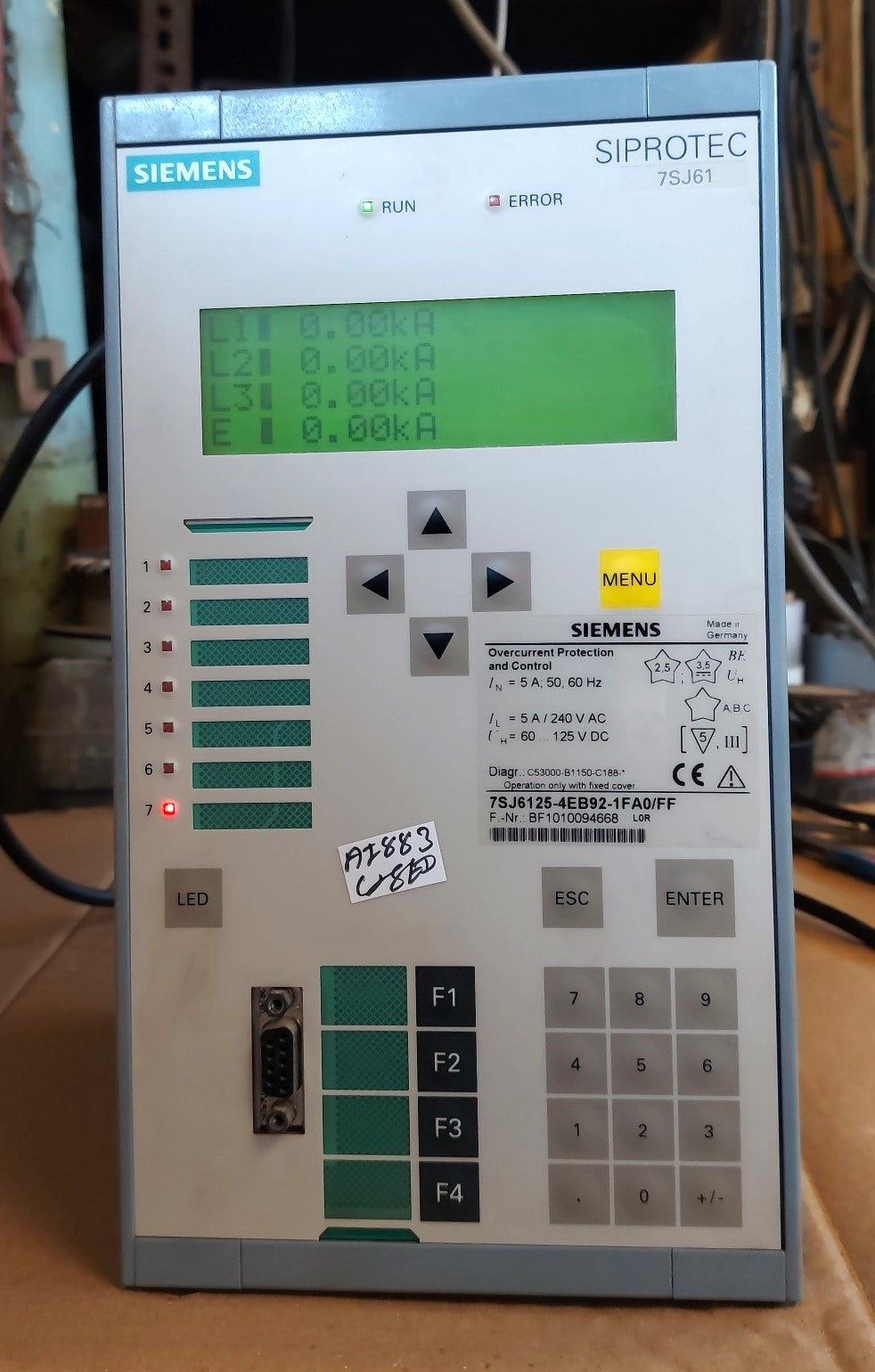 SIEMENS SIPROTEC 7SJ6125-4EB92-1FA0/FF OVERCURRENT PROTECTION AND CONTROL RELAY