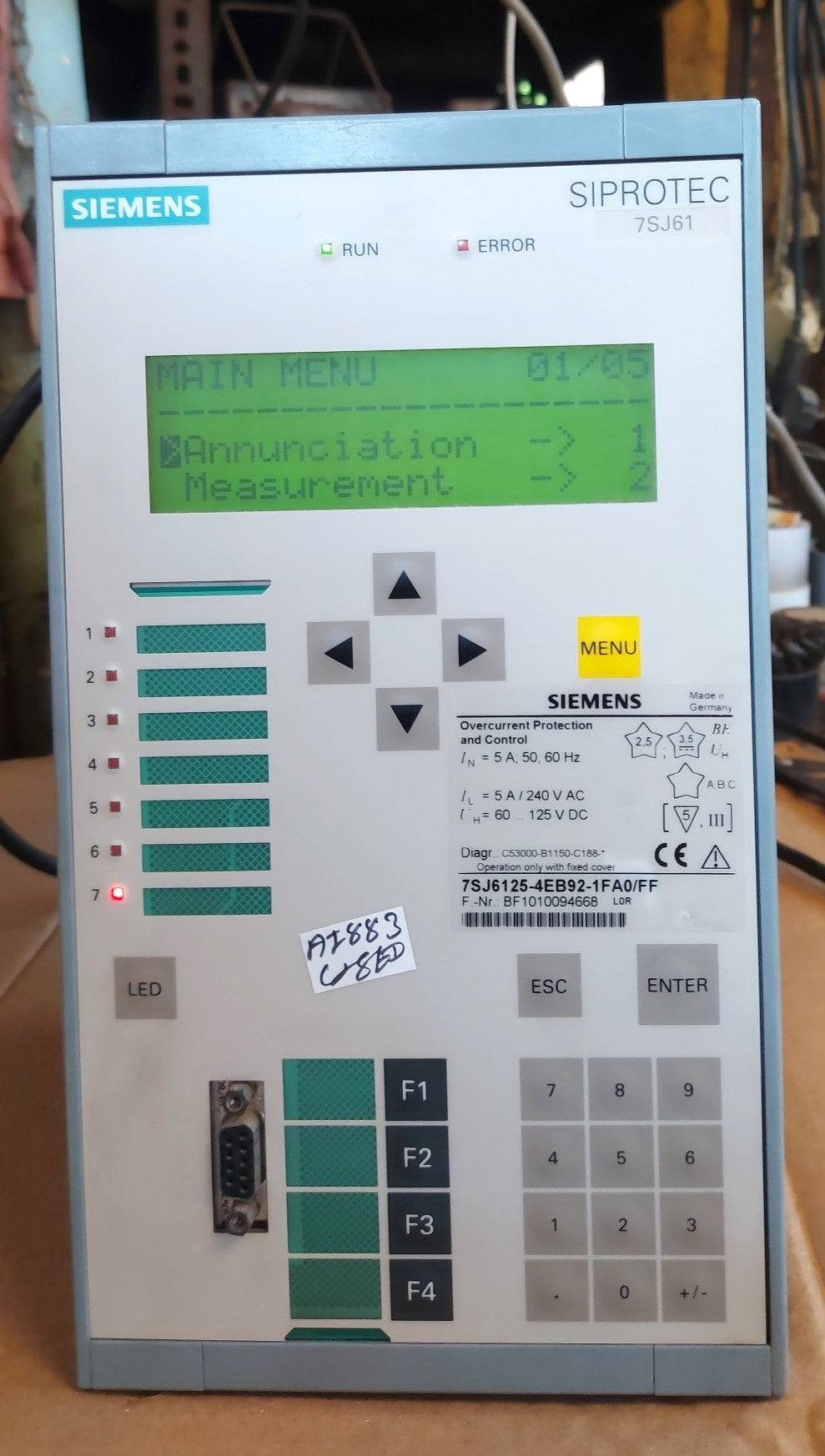 SIEMENS SIPROTEC 7SJ6125-4EB92-1FA0/FF OVERCURRENT PROTECTION AND CONTROL RELAY